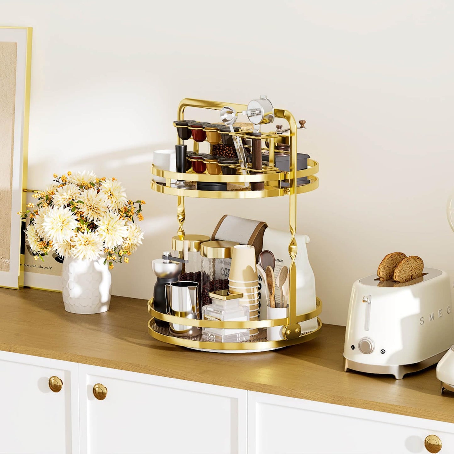 DUANFEE 360° Rotating Makeup Organizer, 2-Tier Gold Perfume Organizer for Dresser, Bathroom Organizer Countertop, Lazy Susan Spinning Perfume Stand Vanity Skincare Storage with Makeup Brush Holder