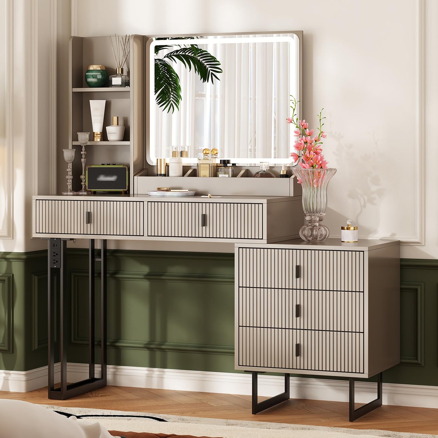 Large Vanity Desk with 3 Color Touch Screen Dimming Mirror, Vanity Desk with Charging Station, Modern Retractable Makeup Dressing Table, Makeup Table With storage shelves and 5 Sliding Drawers,Morandi