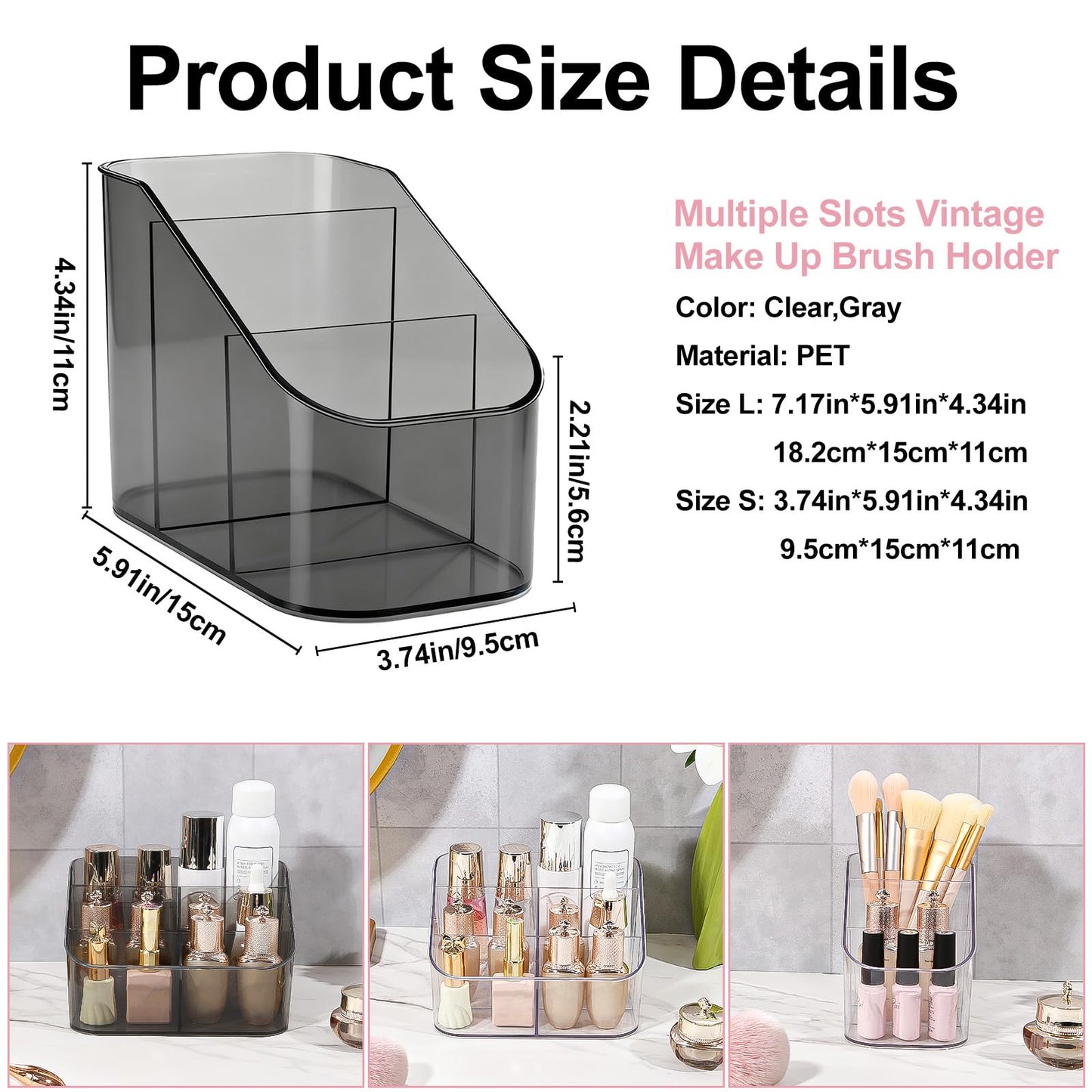DASITON 3 Slots Makeup Brush Holder, Acrylic Make Up Brush Holder Organizer for Vanity, Bathroom Countertop, Small Makeup Organizer Brush Cup Cosmetic Brushes Storage, Pen Holder for Desk (Grey S)