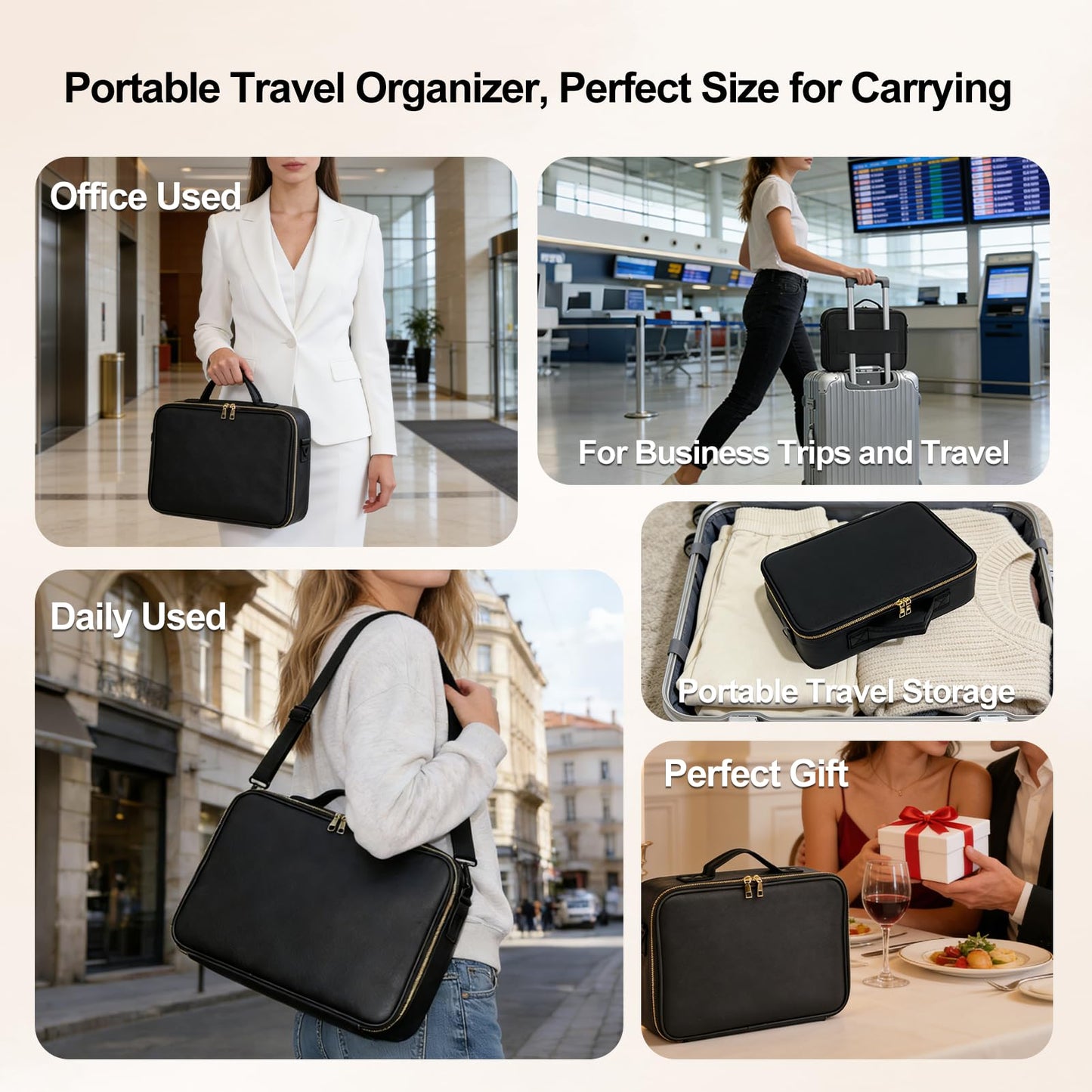 Travel Makeup Bag with Brush Holder, Professional Cosmetic Train Case Organizer, Portable Travel Makeup Brush Carry Case Artist Storage Box with Adjustable Dividers and Shoulder Strap, Leather Black
