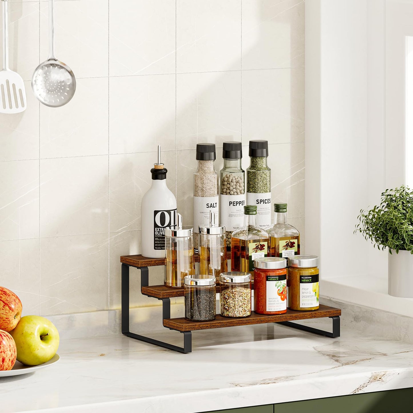 Giikin 3-Tier Spice Rack, 13.8 Inch Wood Step Shelf Countertop Spice Storage Holder, Kitchen Pantry Cabinet Organizer Cupboard for Spice Bottles, Jars, Seasonings, Baking Supplies, Metal Frame