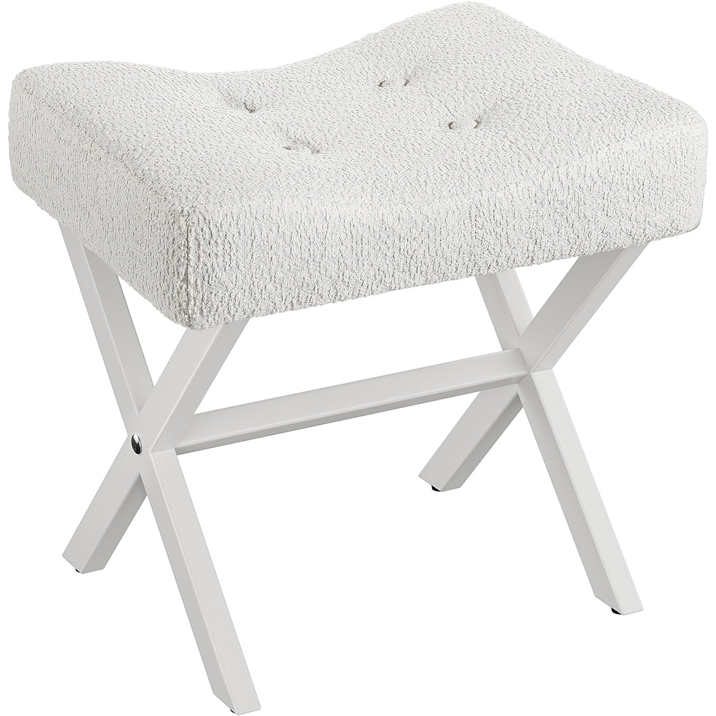 Memobarco 18-Inch Large Vanity Stool Chair, Vanity Bench with Metal X-Legs, Ottoman Accent Stool with Breathable and Soft Boucle Fabric Saddle Seat, White