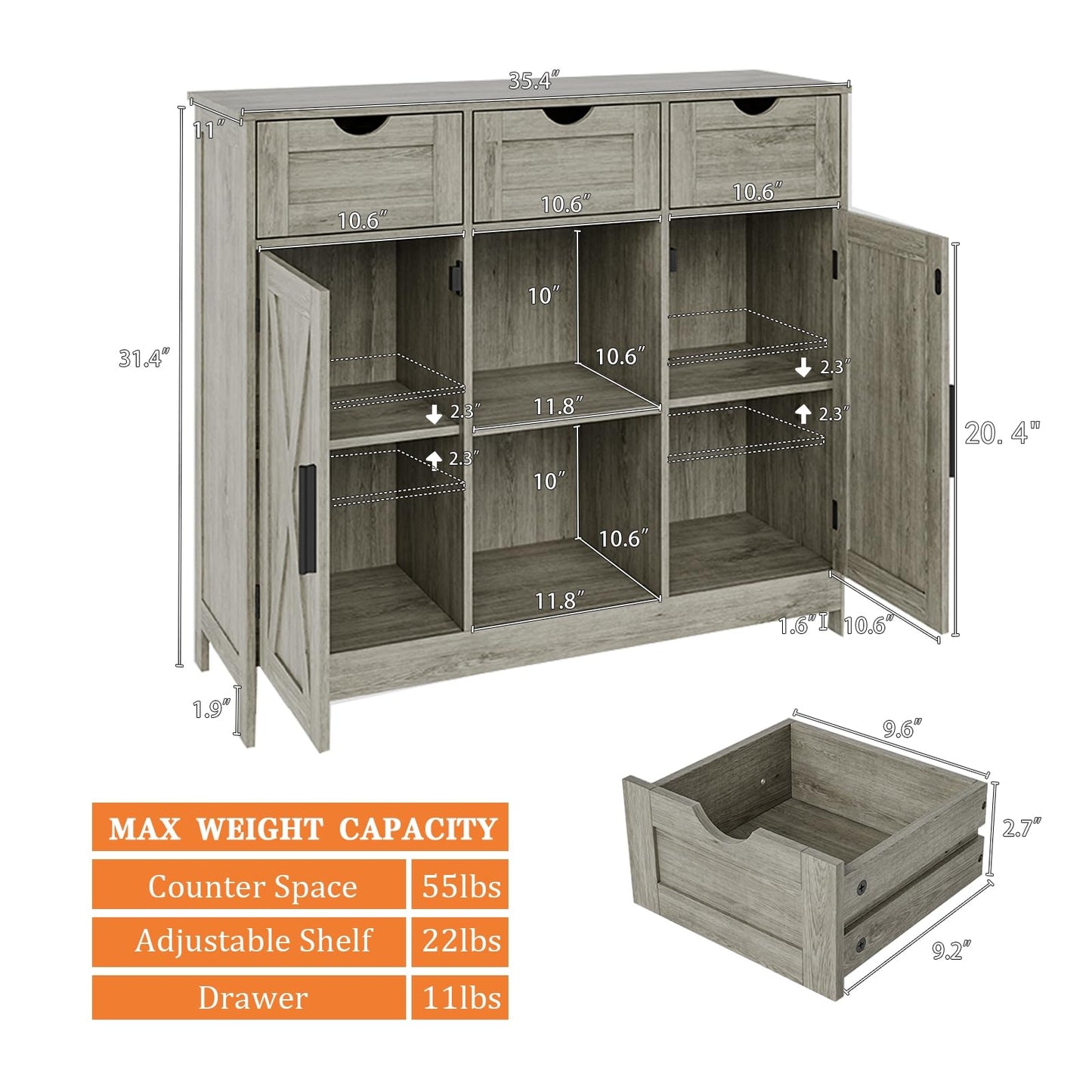 Viaozutis Storage Cabinet, Coffee Bar Cabinet with 2 Adjustable Shelves, 3 Drawers, and 2 Doors, for Bathroom, Kitchen, Living Room (Gray)