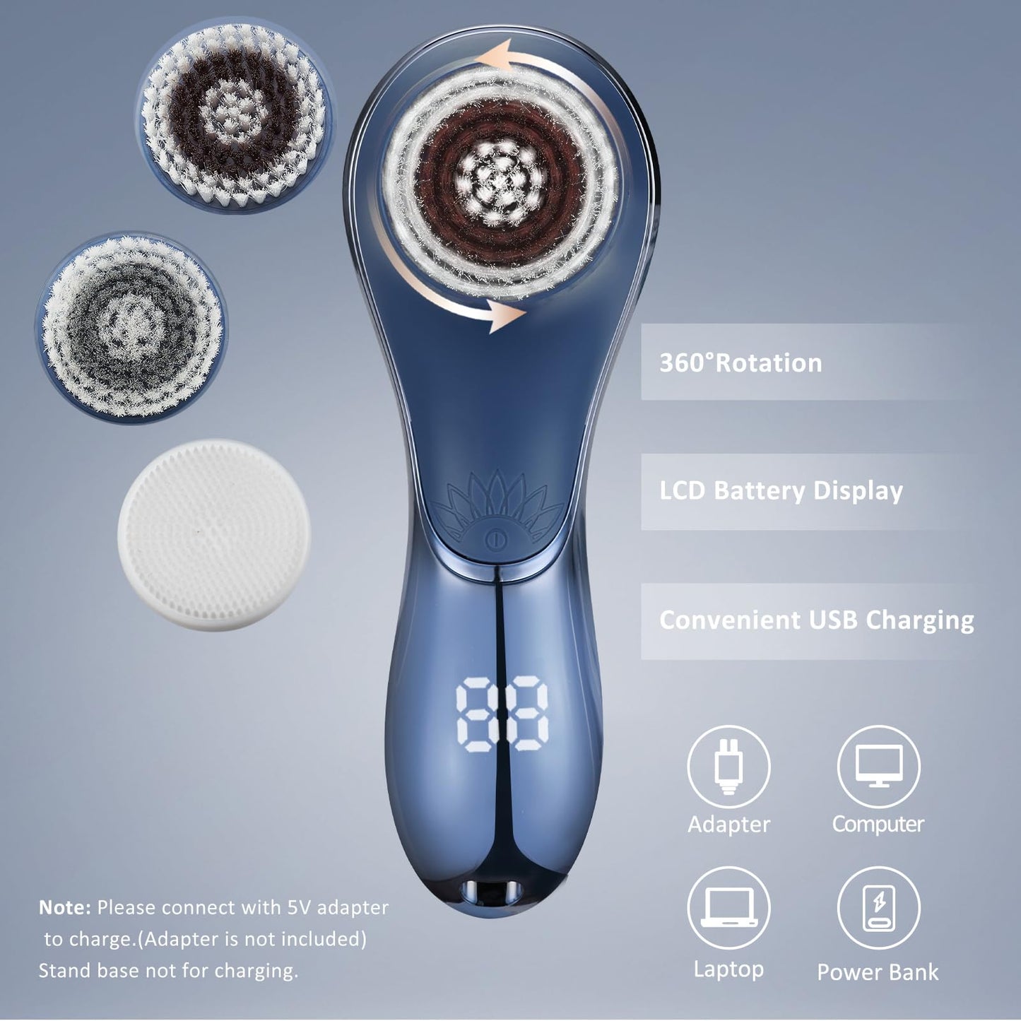 Facial Cleansing Brush Face Scrubber Exfoliator Rechargeable IPX7 Waterproof Electric Spin Cleanser Device for Exfoliating, Massaging and Deep Cleansing Removing Blackhead, Face Massaging