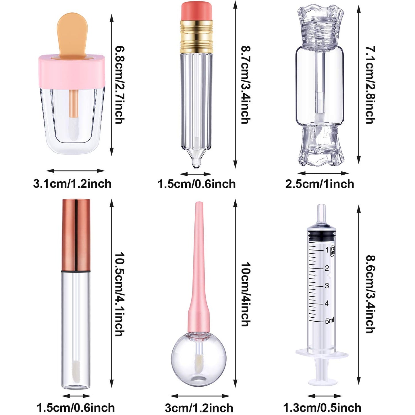 Maitys 30 Pcs Lip Gloss Tubes Tools Set, 5 Styles Empty Lip Gloss Tubes Include Ice Cream Candy Lollipop Pencil Cylinder Shaped Lips Balm Containers with 5 Plastic Syringe for Lipgloss Making Kit DIY