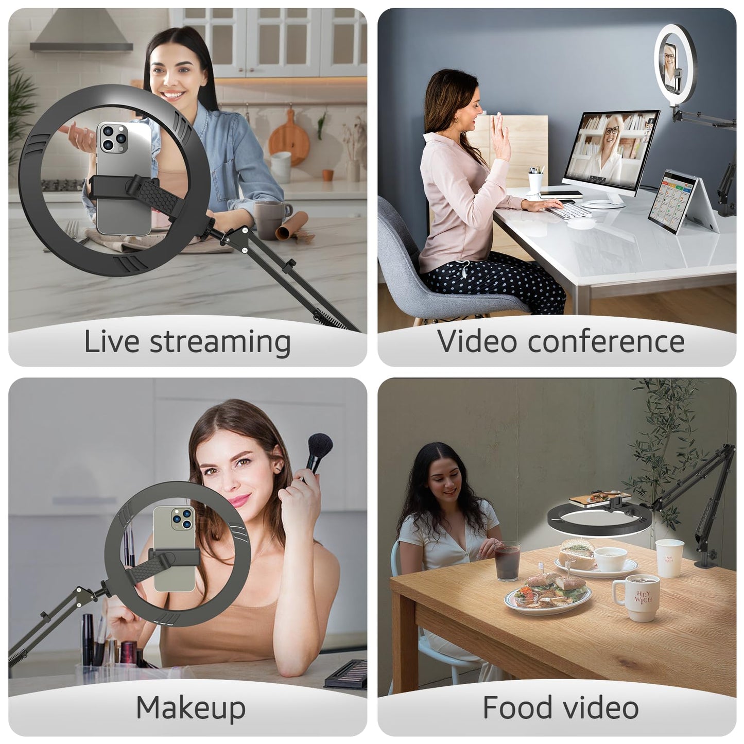 FZYGRAVH 10" LED Ring Light with Overhead Phone Stand, CRI≥95 1200lm Dimmable Lighting, Adjustable Metal Arm with Remote & Phone Holder, for Streaming, Makeup, Zoom Calls, Photography