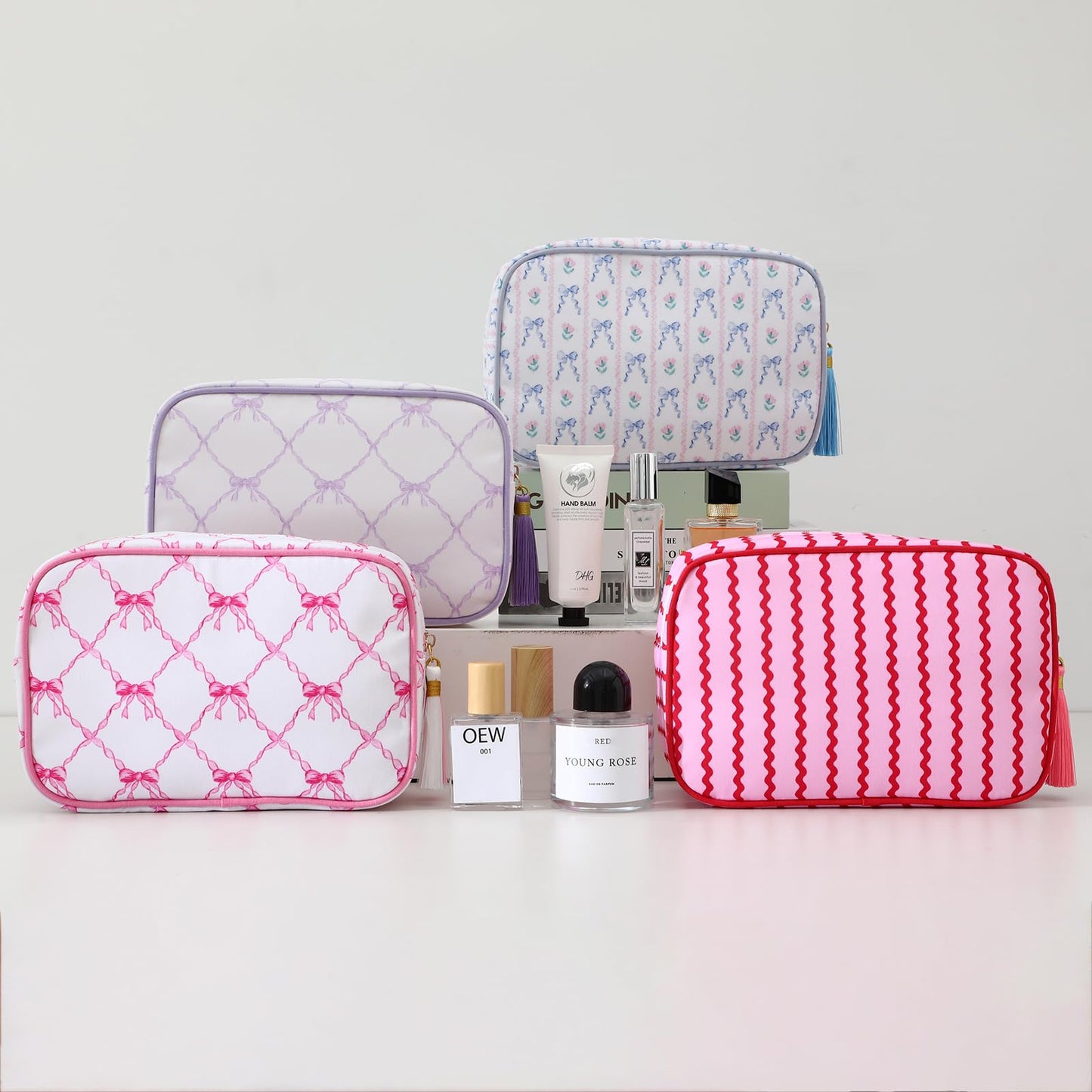 EMBRUNIOICE Makeup Bag Travel Cosmetic Bag Organizer Tassel Toiletry Bag Large Canvas Zipper Pouch and Accessories Storage Bag for Women (Blue Bow)