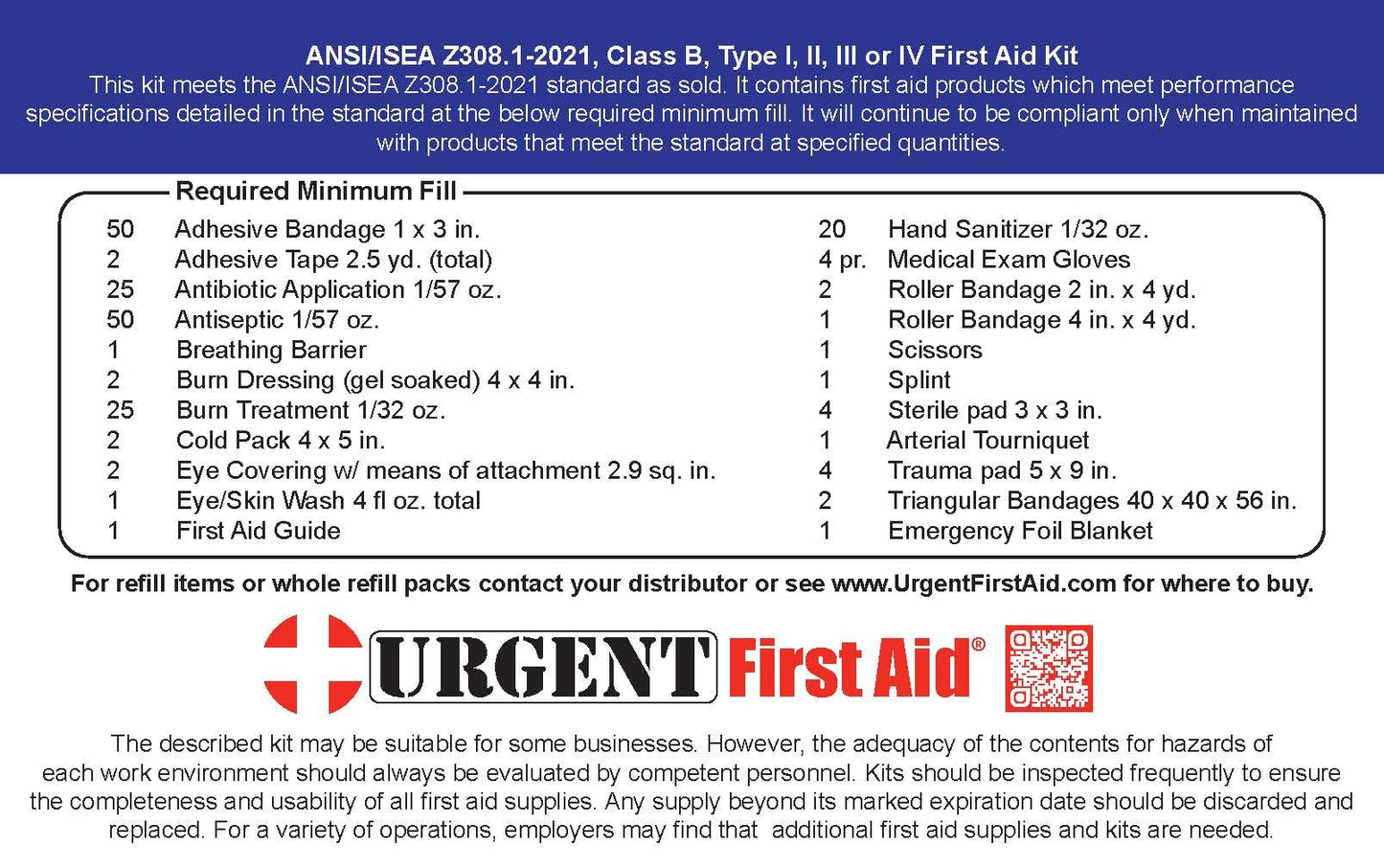 OSHA & ANSI 2021 Class B Refill Kit, 50 Person, 208 Pieces-First Aid Refill