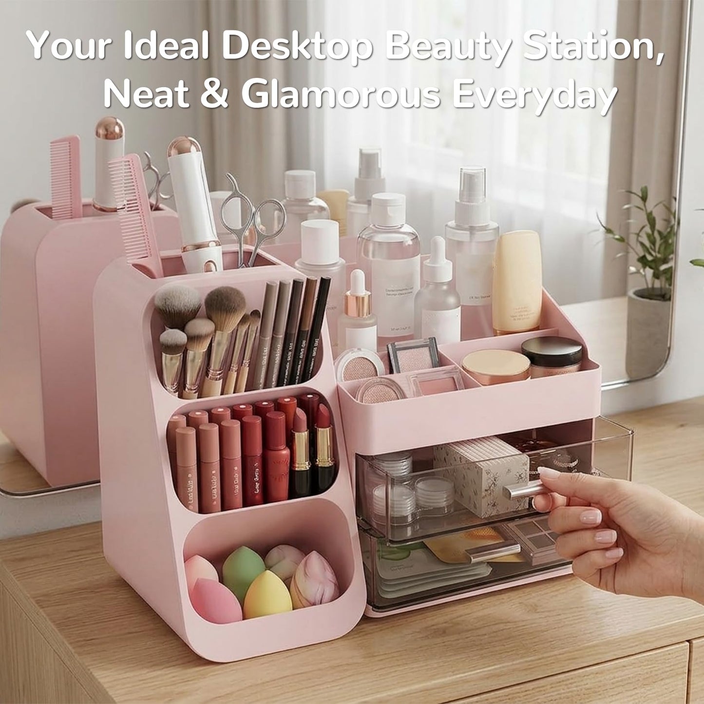 Makeup Organizer with 2 Drawers & Brush Holder, Large Plastic Vanity Organizer for Bathroom Countertop, Skincare Cosmetic Display Case for Lipsticks, Eyeshadow Palettes, Nail Polishes, Perfumes, Pink