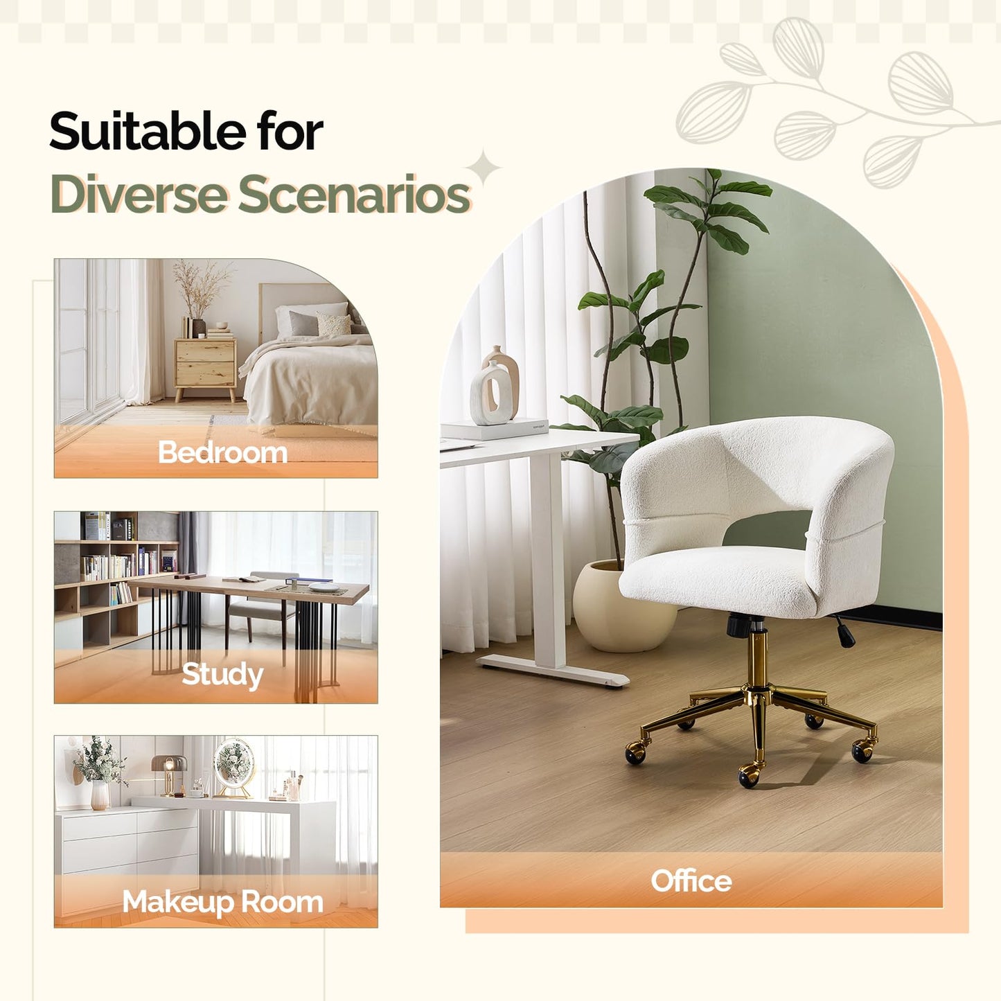 VINGLI Modern Curved Office & Vanity Desk Chair, Cute Upholstered Nail Chair with Wheels & 360° Swivel & Club & Tilting & Gold Base, for Bedroom, Living Room, Makeup, Velvet Chenille, White
