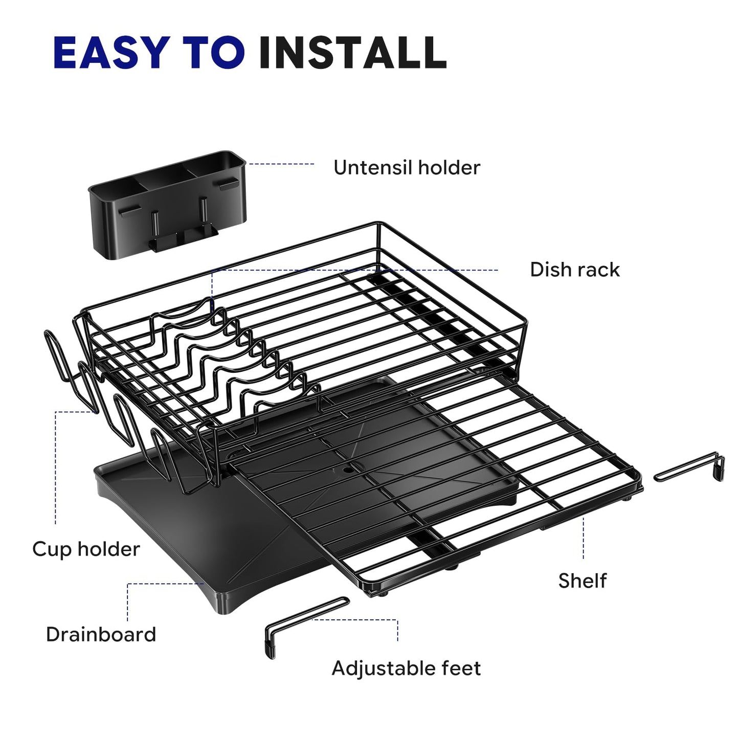 Simple Trending Dish Rack - Expandable Dish Drying Rack for Kitchen Counter, Large Capacity Dish Drainers, Stainless Steel Dish Strainer with Utensil & Cup Holders, Black