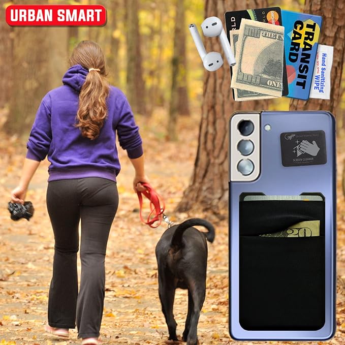 Gecko Travel Tech Double Pocket - Adhesive Card Holder - Cell Phone Pouch - Stick on Spandex Pocket - Carry Credit Cards and Cash (2 PACK - BLACK COMBO)