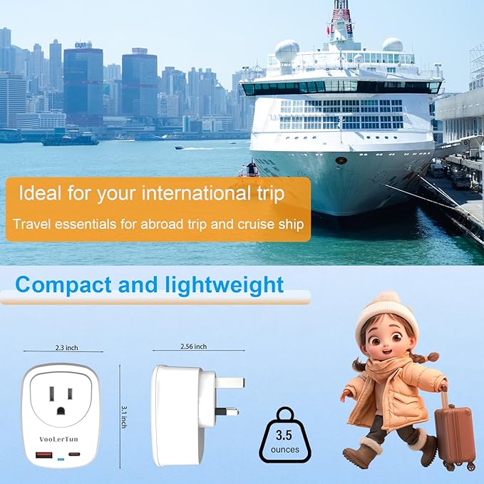 Type G-UK Plug Adapter, VooLerTun Dubai England Travel Adapter with 30W Fast Charge Power Adapter Dual Ports Cell Phone Camera, 1 American Outlet Adapter, US Converter for UK Travel,UK Power Adapter.