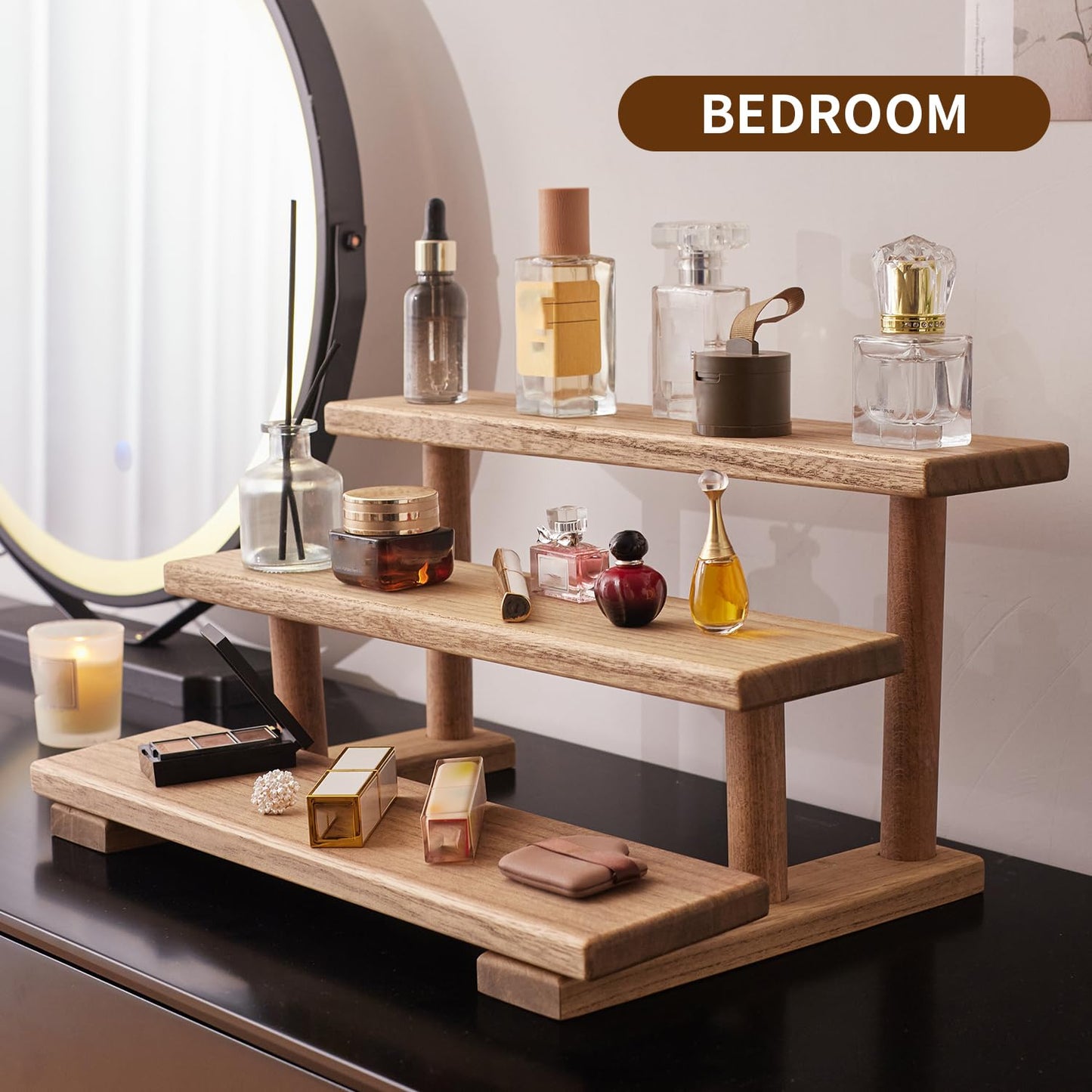 KIRIGEN 3-Tier Display Risers, Paulownia Wood Stand with Beech Wood Supports, Multifunctional Rack, Step Shelf Organizer for Kitchen, Vanity, Entryway for Spices, Cosmetics, Figurines, Cake ZST-DBR
