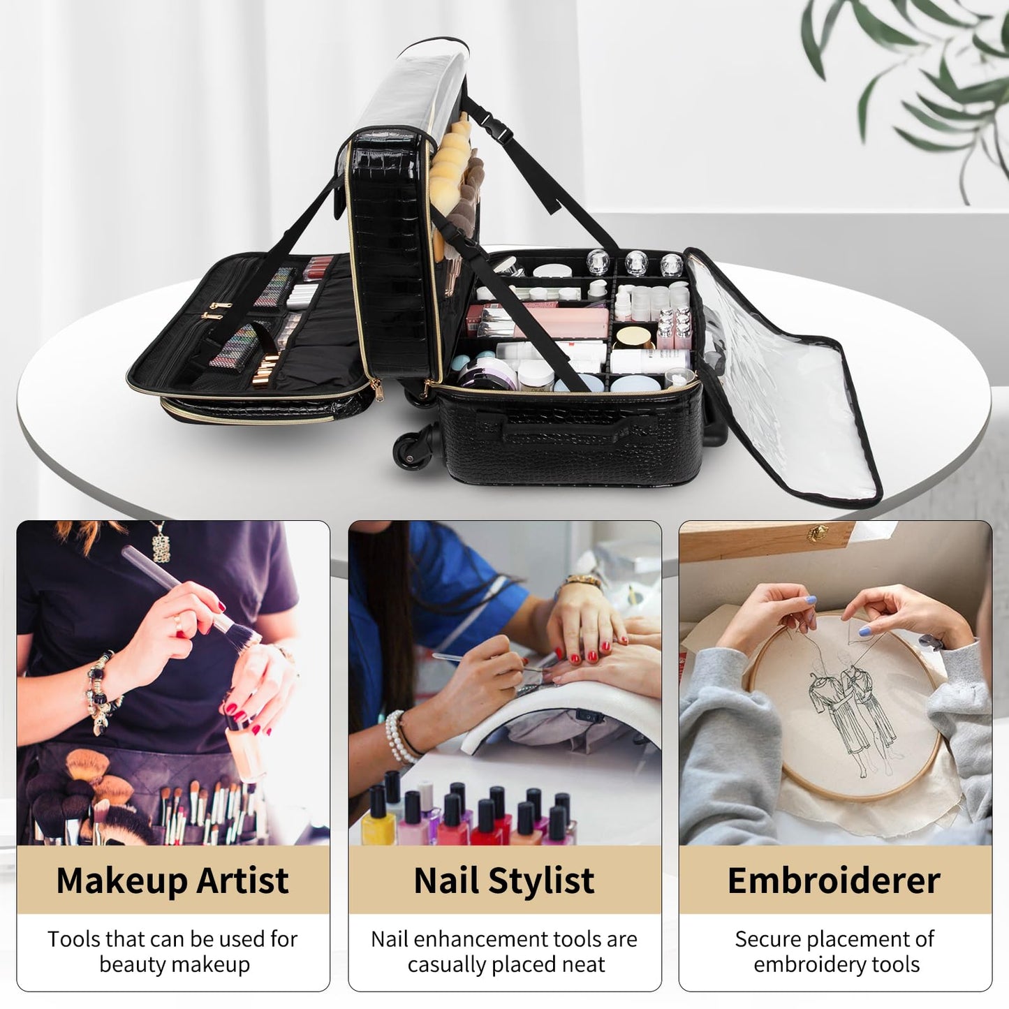 OCHEAL Rolling Makeup Train Case, 18" Carry On Travel Cosmetic Organizer Suitcase,Extra Large Trolley Makeup Storage Case On Wheels,3 Layers with 3pcs Traveling Bags for Hairstylist Cosmetology Artist