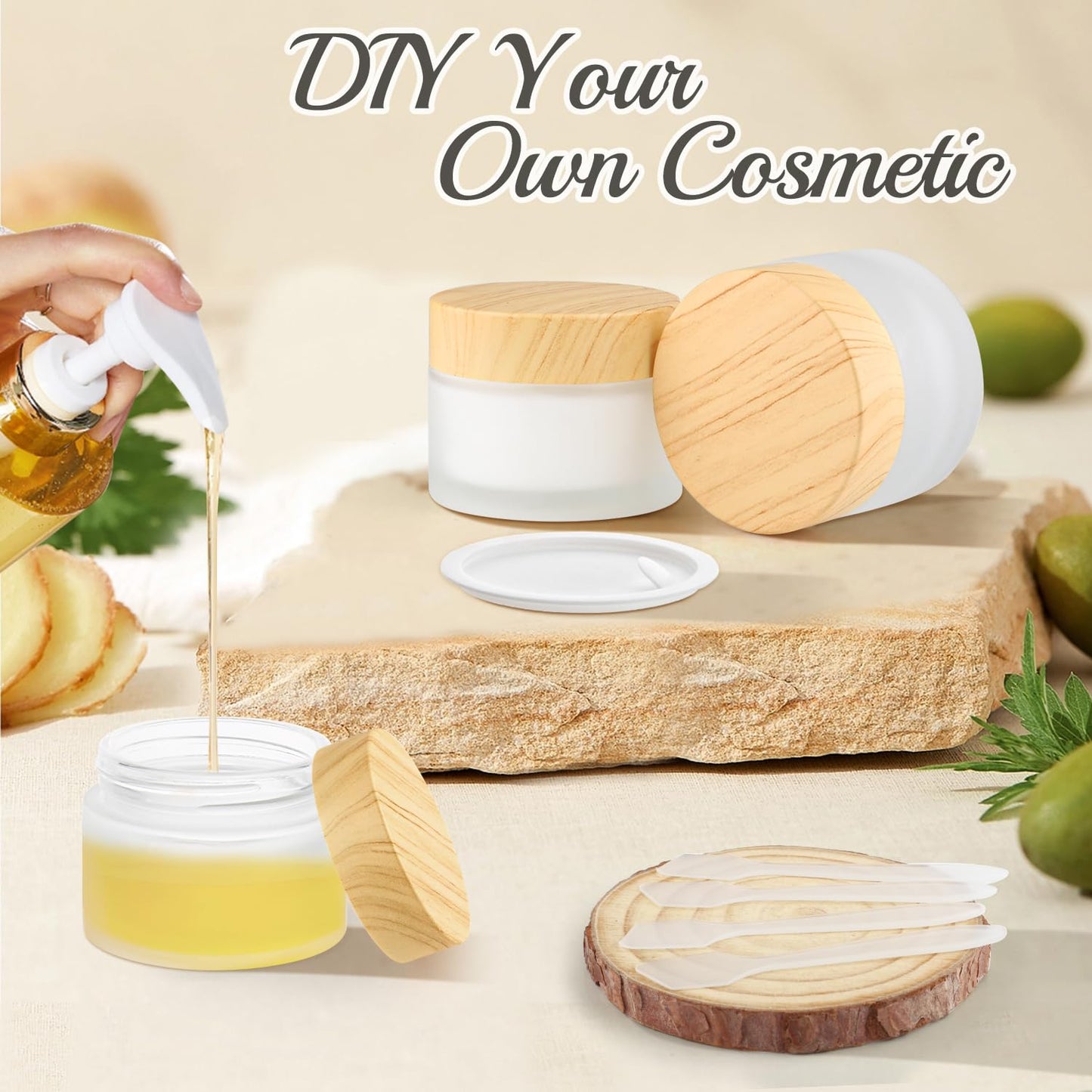 8 Pcs 50ml/1.7oz Cosmetic Containers Frosted Glass Jar Empty Leakproof Sample Jars with Wood Grain Printed Lids & Inner Liner for Cream Lotion Toiletries Lip Balm Makeup