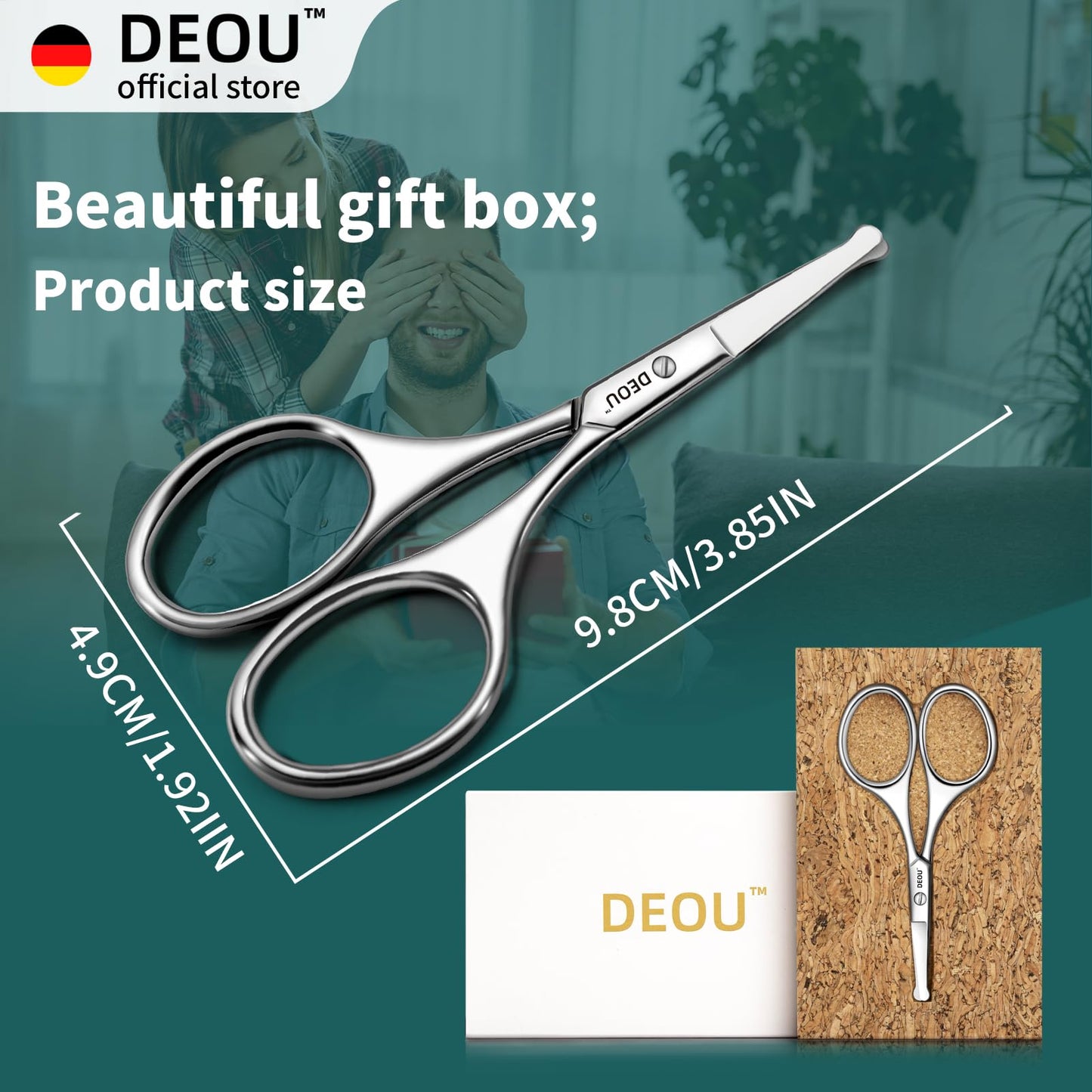 DEOU Silver Stainless Steel Round Nose Safety Scissors - Compact Facial Hair Trimming Tool for Men's Nose, Eyelashes, Eyebrows, Beard & Pet Grooming