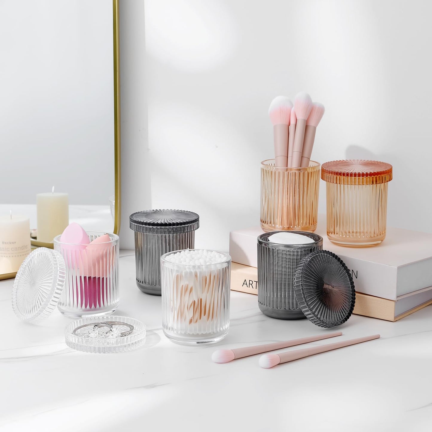 rejomiik 2 Pack Glass Qtip Holder Dispenser, Bathroom Canister Apothecary Jars with Lids, Vanity Makeup Accessories Storage Organizer for Cotton Swabs, Cotton Balls, Pads, Floss Picks, Gray