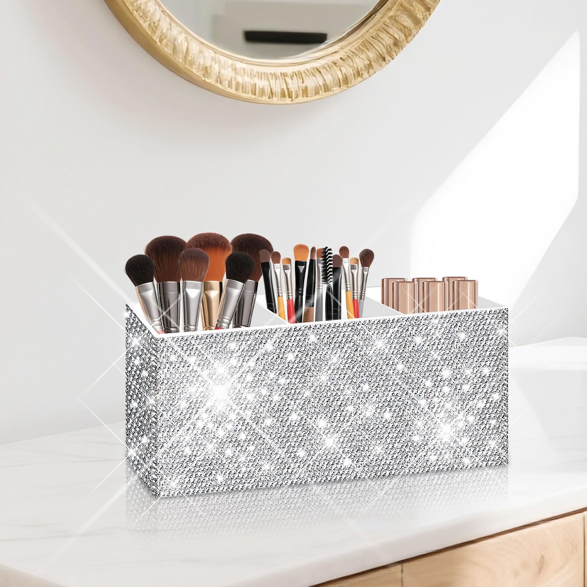 Bling Makeup Brush Holder Organizer, 3 Slot Sparkle Cosmetics Brushes Storage Holders with Shiny Rhinestones, Glitter Cute Pen and Pencil Holder for Desk, Eyeliners Display Case for Vanity(White)