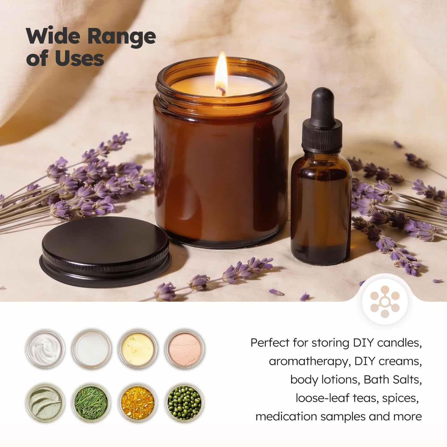 8 oz Amber Glass Jars with Metal Lids, 12 Pack Amber Small Glass Jars with Black Lids, Lotion Container Empty Cosmetic Travel Containers for Sample, Cream, Lotion, Honey, Powder