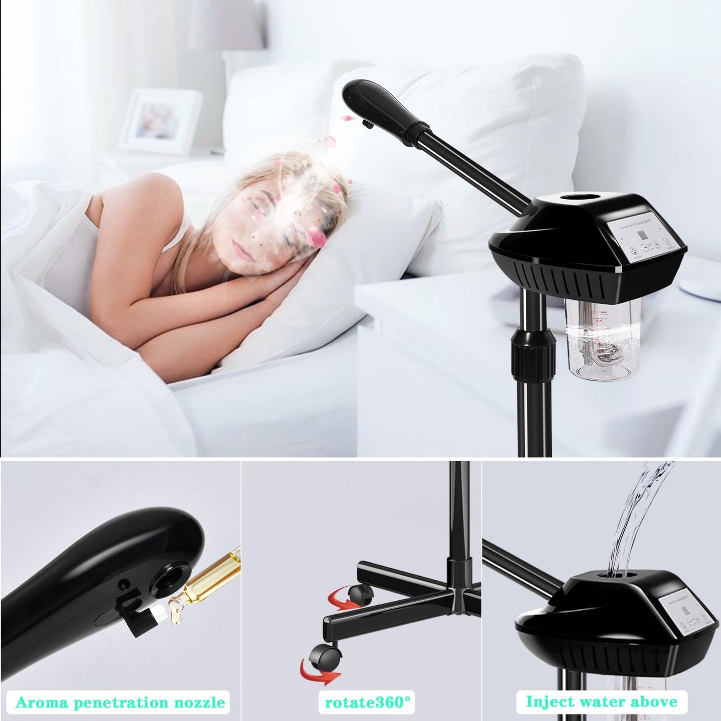Facial Steamer Professional with More Steam for Deep Cleansing and Hydration, Face Steamer on Wheels with Time Setting, Estheticians Steamer Adjustable Height for Beauty, Spa and Home Use