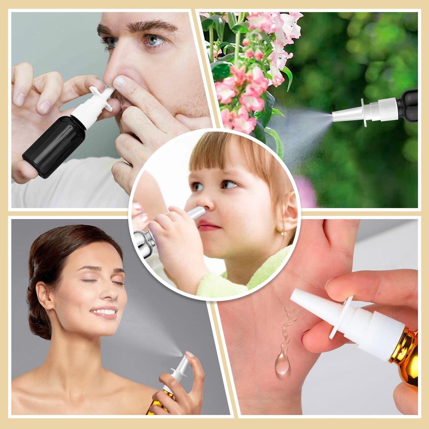 ZHWKMYP 20 Pcs Nasal Spray Bottle, 30ML/1OZ 12 Pcs Bright Plating Gold Silvery Black Empty Refillable Glass Nose Spray Bottle with 4 Funnels and 4 Labels