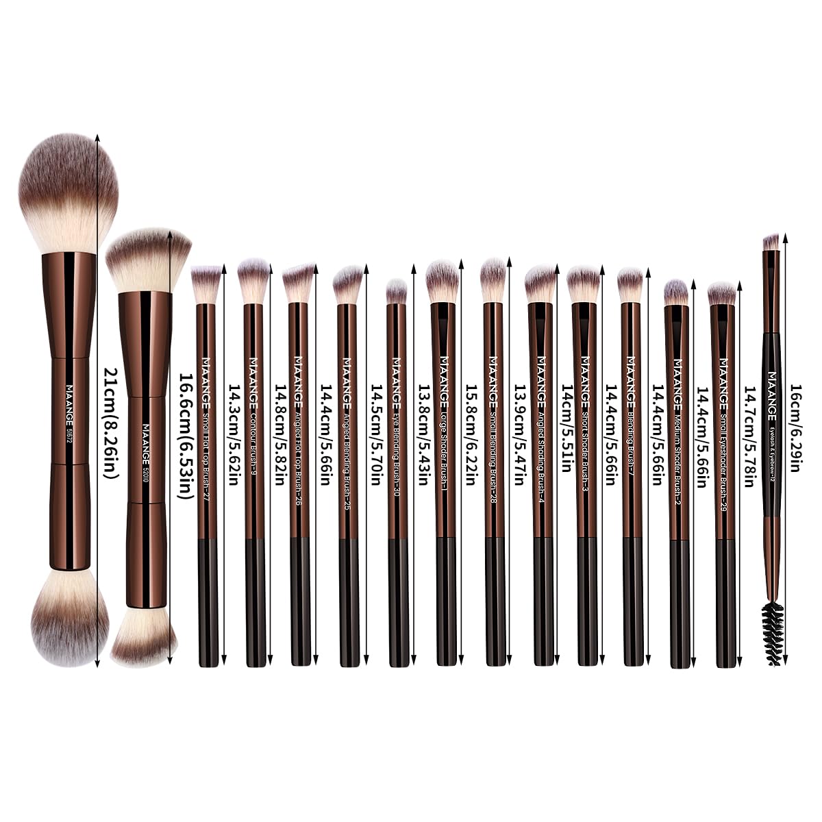 MAANGE 15 PCS Makeup Brushes Double-ended Makeup Brush Set Double Sided Angled/Round Top Brush Foundation Contour Blending Eyebrow Eyeshadow Concealer (Coffee)
