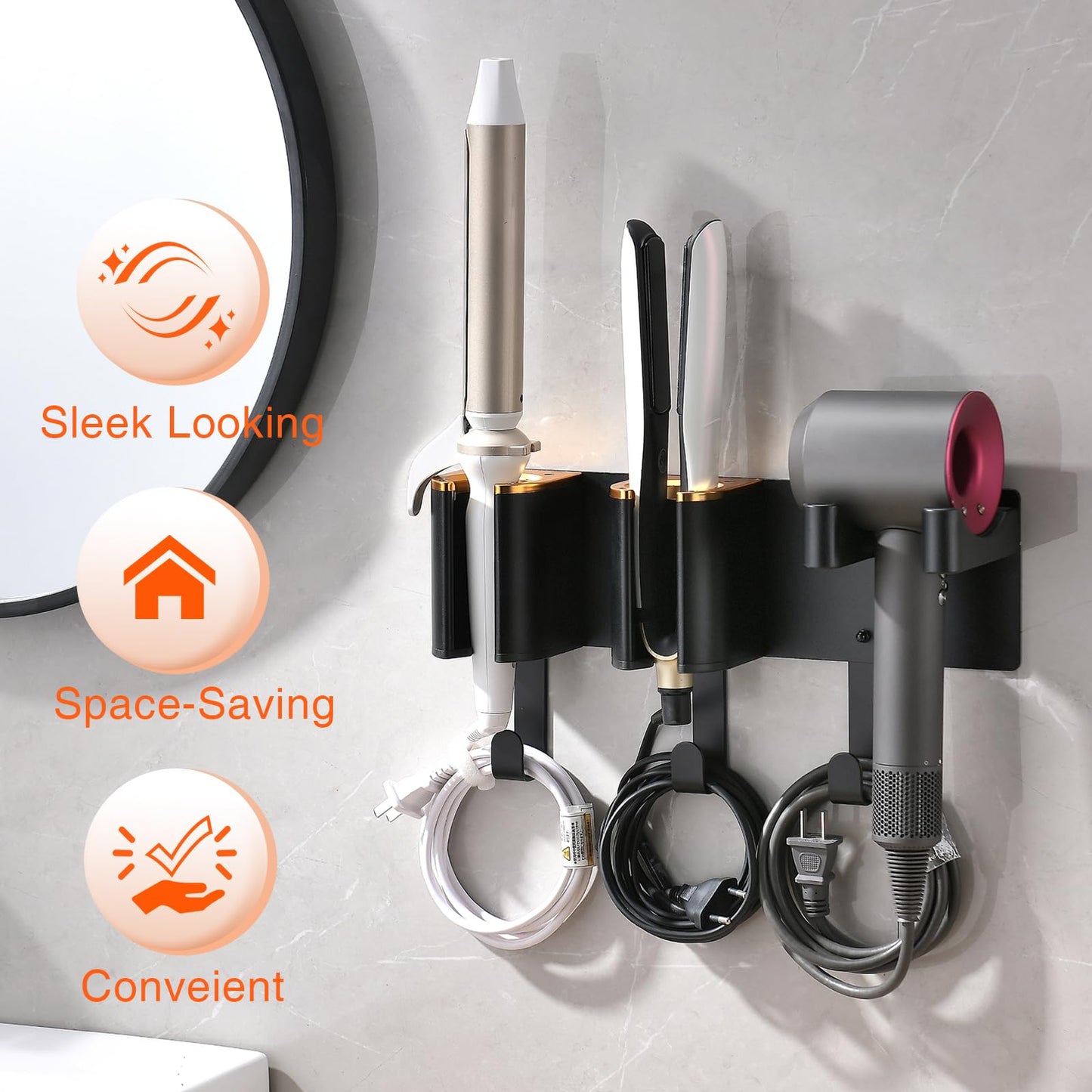 HAVICATO Hair Tool Organizer Wall Mount, Hair Dryer Curling iron Organizer, Flat Iron Straightener Holder, Aluminum Alloy & ABS plastic, Black and Gold (Not Including Hair Tools)