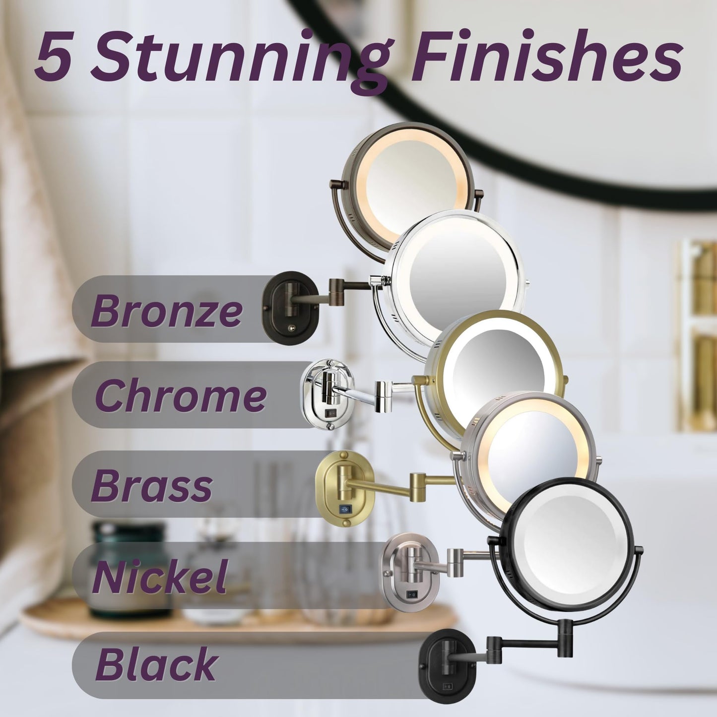 JERDON Wall-Mounted Makeup Mirror with 5X Magnification - Gold Makeup Mirror with LED Lights - Direct Wire - Model HL65BGD