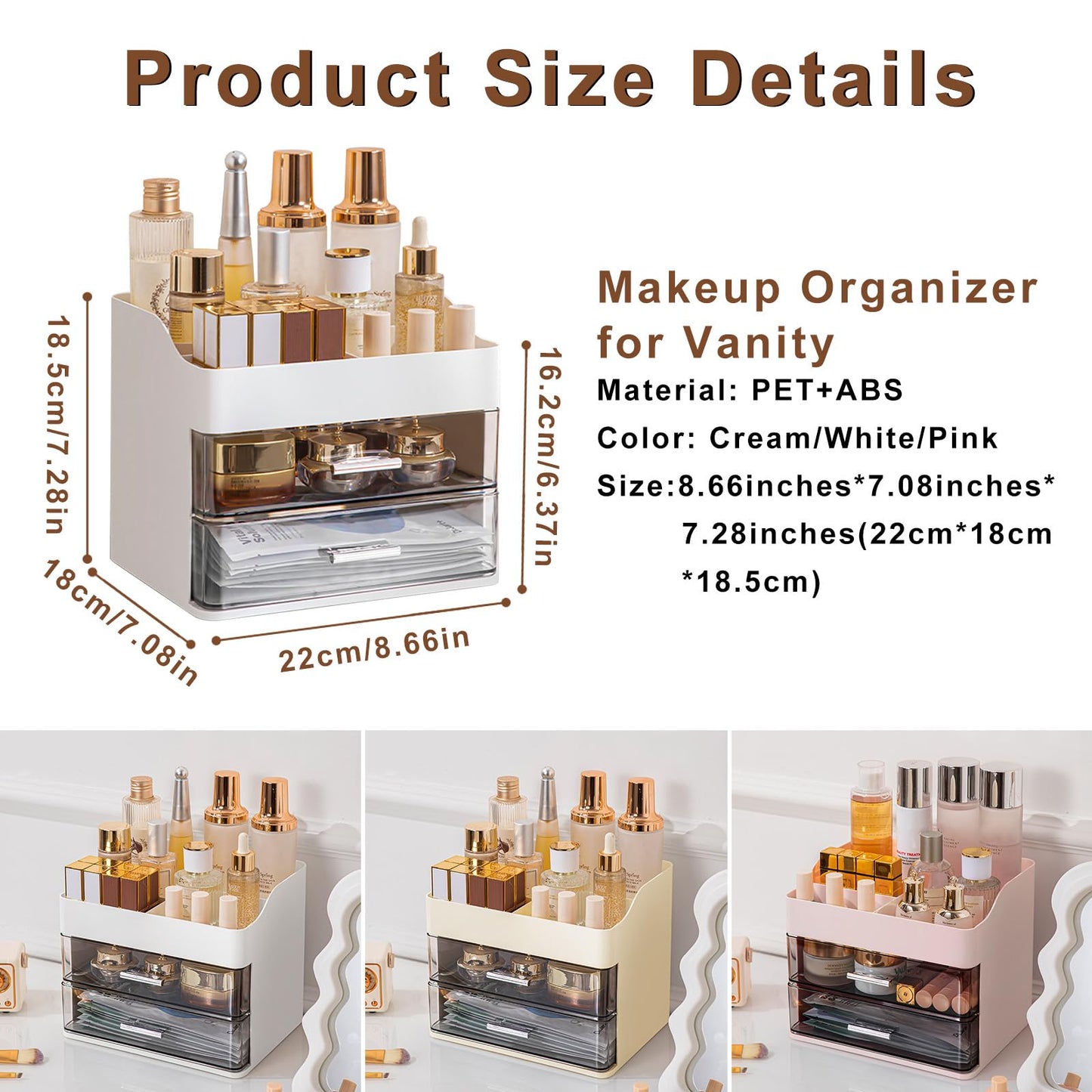 DASITON Makeup Organizer with 2 Drawers, Large Capacity Makeup Cosmetic Organizers for Vanity Dresser Bathroom Countertop, Vanity Organizer Makeup Storage Box for Skincare, Eyeshadow, Lotions (White)