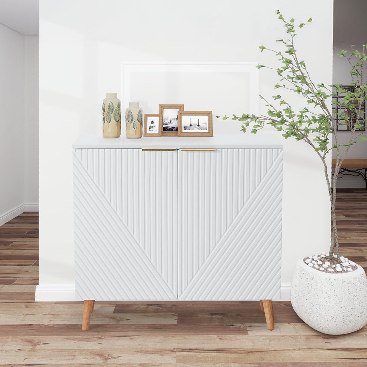 HOMHUM Modern Buffet Cabinet, Fluted Sideboard Buffet Cabinet with Storage, Wood Accent Table with Adjustable Shelf for Living Room, Entryway, White