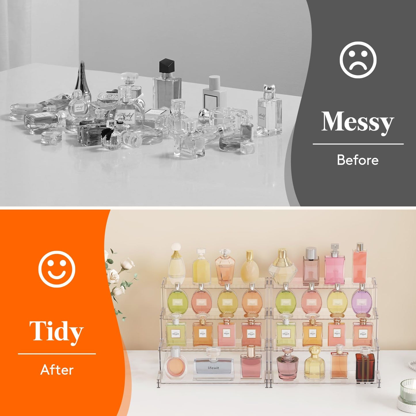 Lifewit 4 Tier Clear Display Riser Stand with Decorative Secure Fences, Tool-free Assembly, Plastic 12 Inch Perfume Organizer, Display for Figures, Cupcake, Dessert, 1-pack