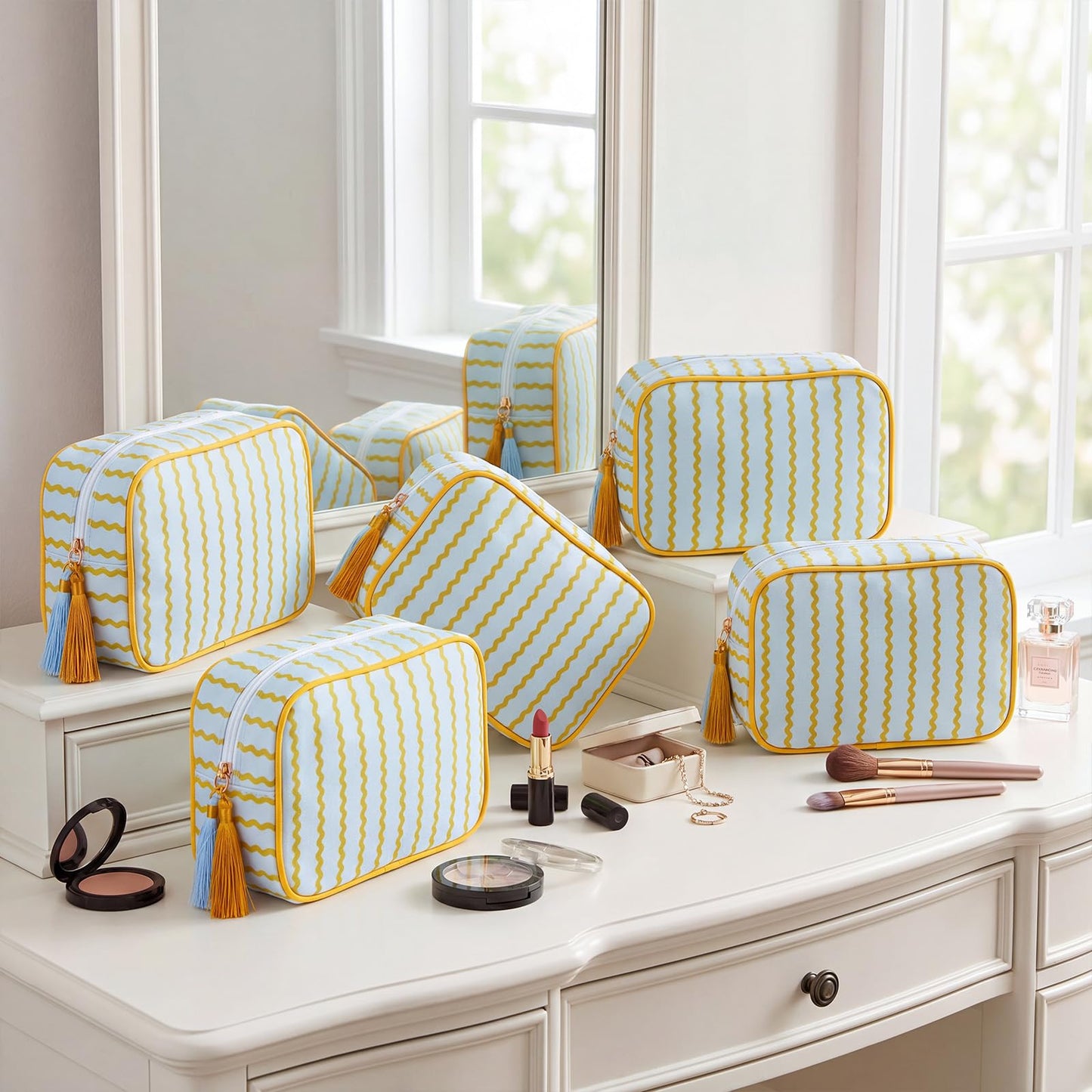 Kacctyen 6 Pack Mustard Yellow and Sage Green Striped Makeup Bag bulk with Tassel Travel Cosmetic Pouch Organizer Large Zipper Toiletry Case for Women Aesthetic Storage Pouch Mahjong Tile Bag