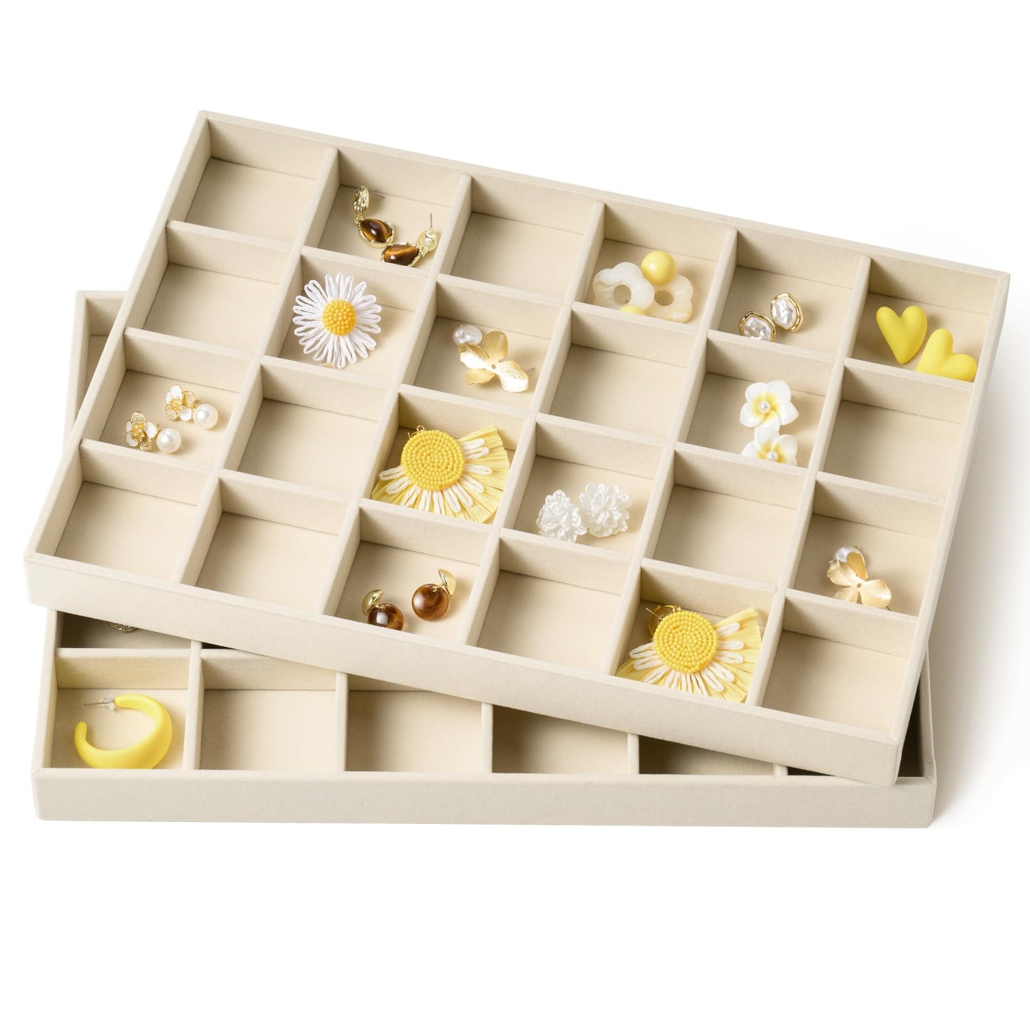 pickpiff Drawer Jewelry Organizer & Display Trays: 2pcs 24grid Velvet Stackable Jewelry Case (13.8x9.4x1.2inch) - Soft Beige Ring Storage Bracelet Holder Earring Box