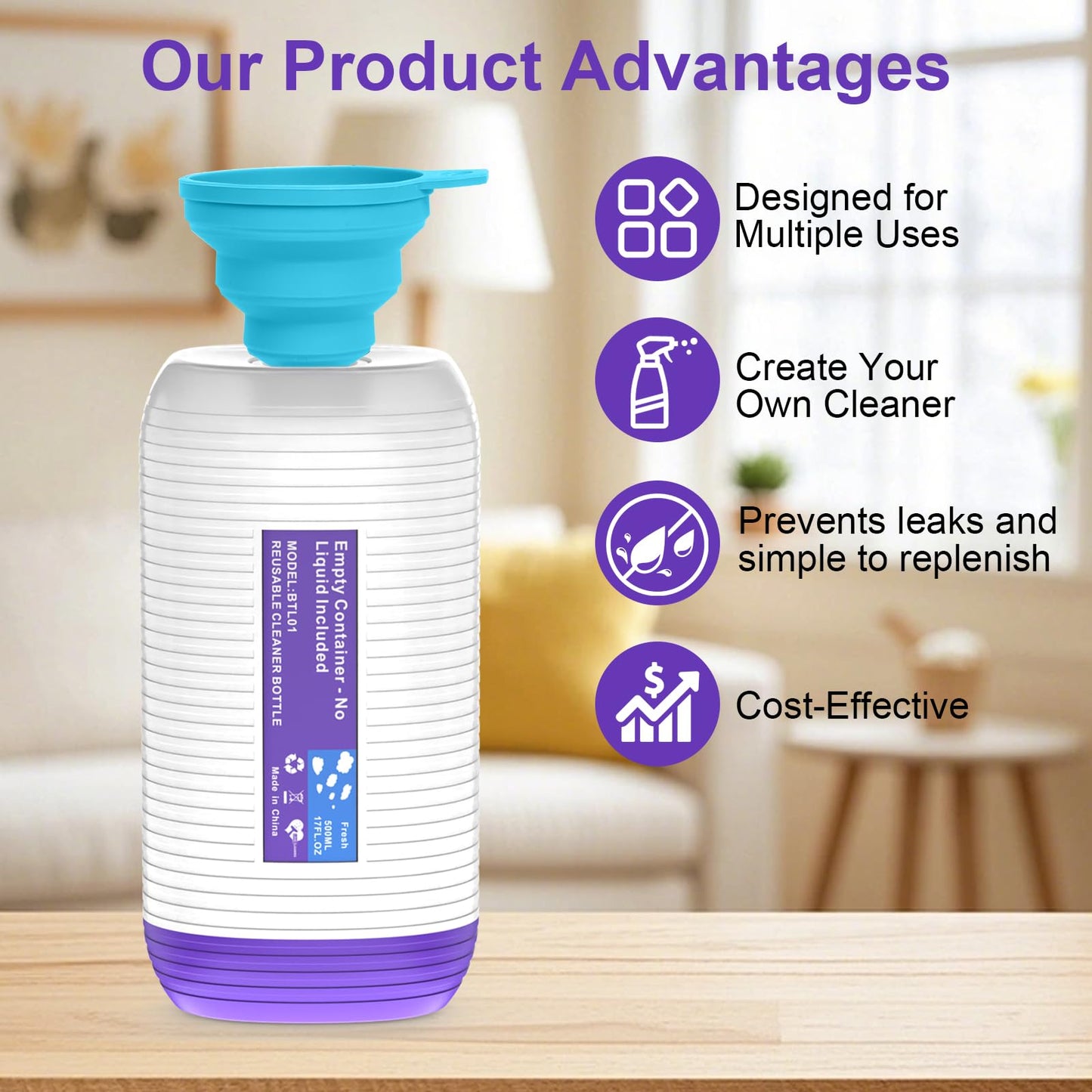 COOMYXIN Refillable Bottle for Swiffer® Power Mop™, 500ML / 17 FL.OZ Reusable Solution Container, with 6 Leak-Proof Seal & 1 Funnel,Simple Installation, Works with Any Cleaner