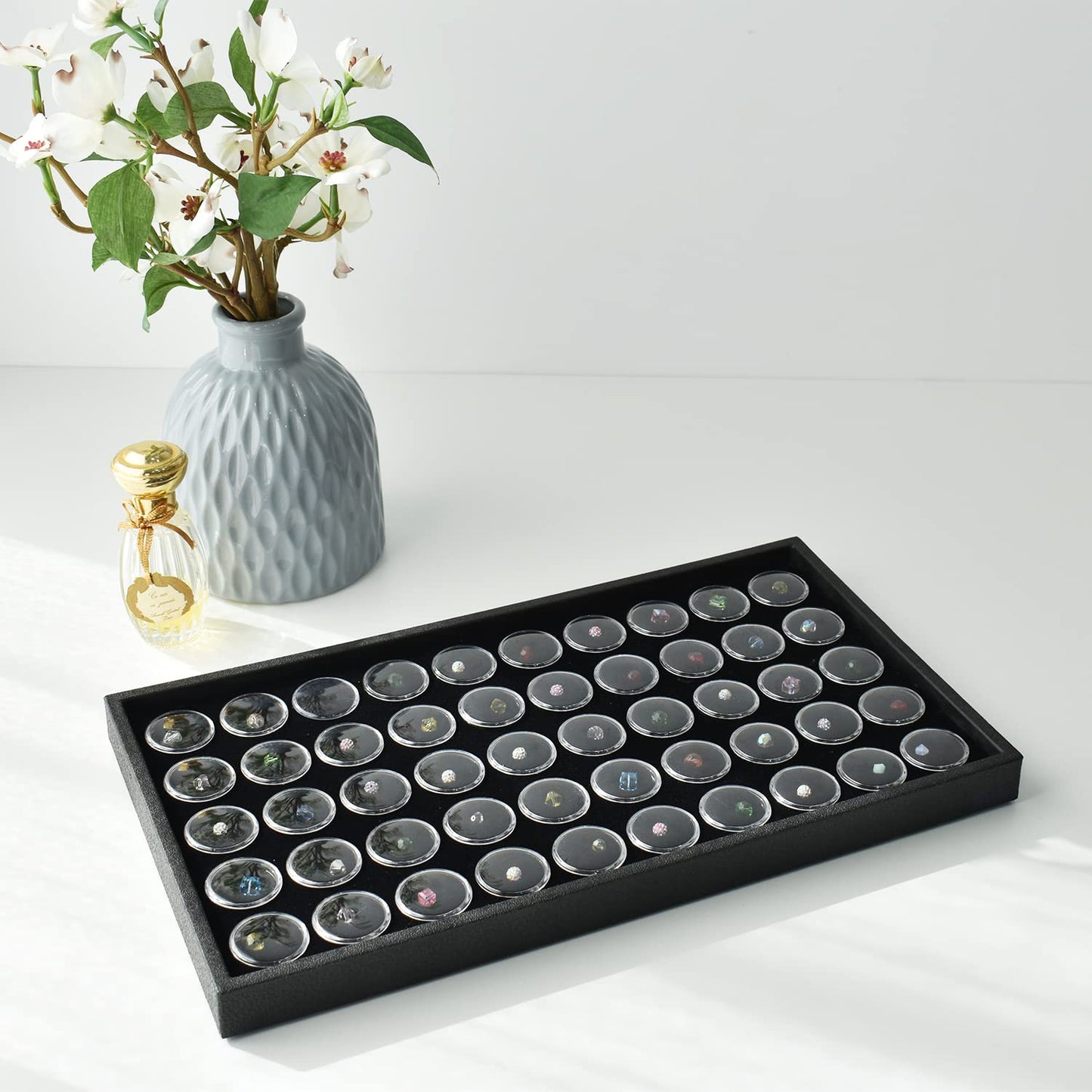 Ikee Design Black Foam Gem Jars Showcase Stackable Display Tray for Collectibles, Home Organization Storage Box with 50 Gemstones and Bead Storage Jars
