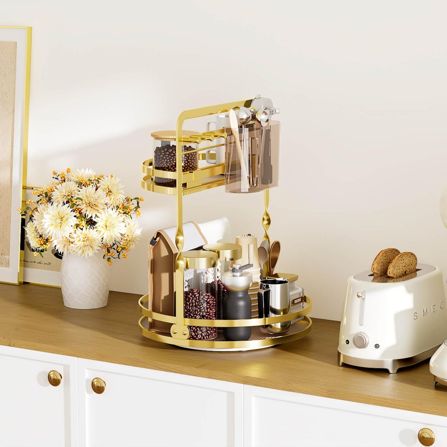 DUANFEE 360° Rotating Makeup Organizer for Vanity, 2-Tier Gold Bathroom Organizer Countertop with Makeup Brush Holder & Jewelry Hooks, Spinning Bathroom Counter Organizer for Perfume Skincare Dresser