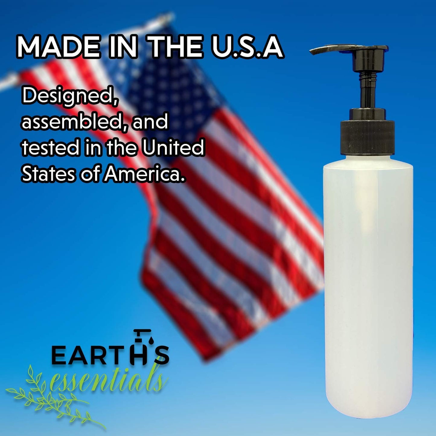 Earth's Essentials Four Pack of Refillable 8 Oz. HDPE Plastic Pump Bottles with Patented Screw On Funnel-Great for Dispensing Lotions, Shampoos and Massage Oils.