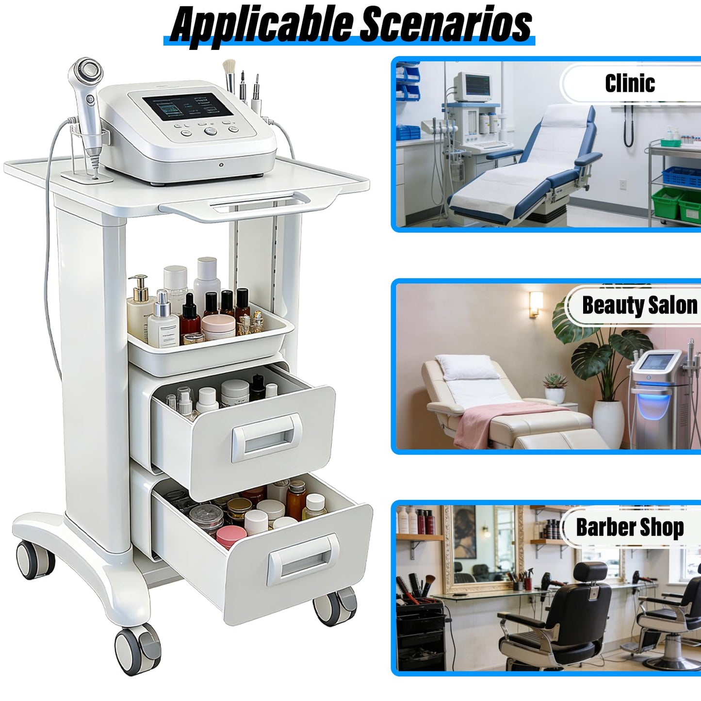 Medical Trolley Cart Mobile with Drawers, Hospital Ultrasound Cart with 4 Silent Swivel Wheels, Portable Medical Trolley Carts, 225 LBS Load, for Beauty, Salon, Clinic and Lab (White, Double Drawer)