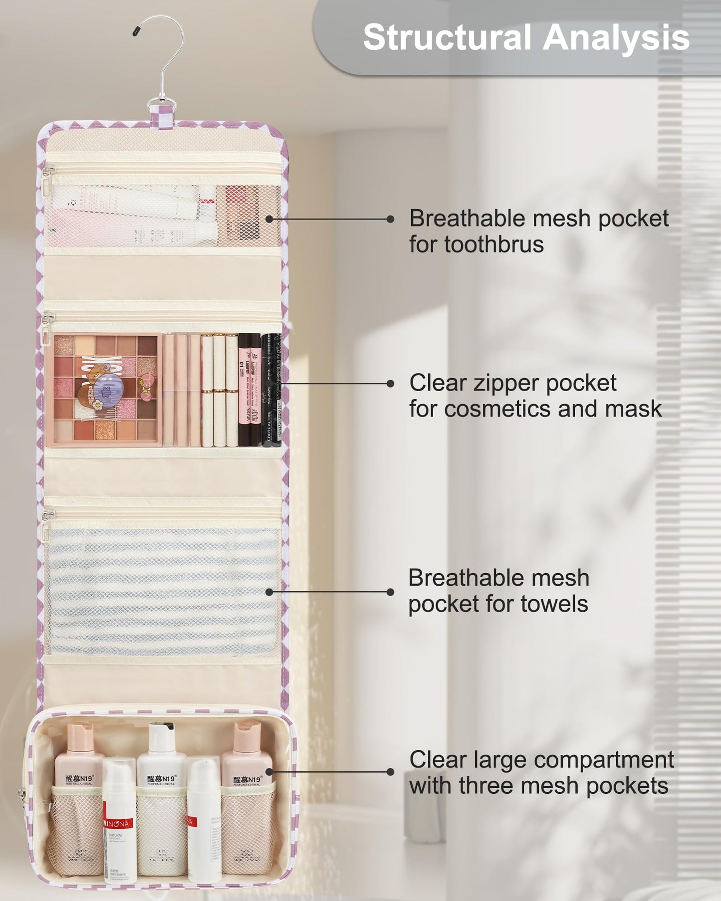 Relavel Hanging Toiletry Bag, Travel Toiletries Bag with Hanging Hook, Water Resistant Makeup Cosmetic Organizer for Full Sized Container, Shampoo, Portable Wash Bag for Essentials - Purple
