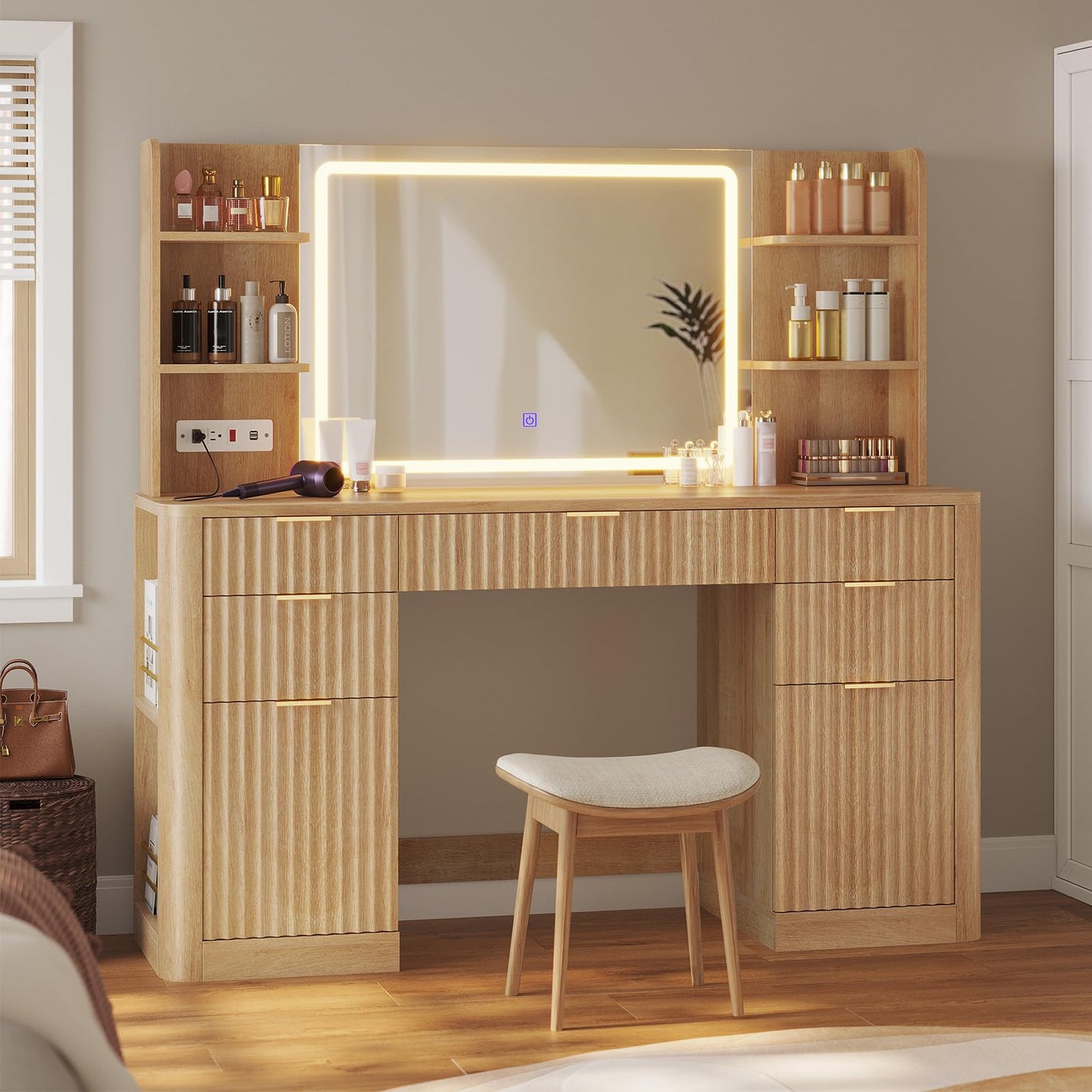 HAUOMS 51.2" Fluted Makeup Vanity Desk with Large 30.3" Mirror and Lights, 5 Drawer Vanity with Power Strip, 6 Open Shelves, 2 Cabinet,Modern Dressing Table with Solid Wood Legs for Bedroom, Oak