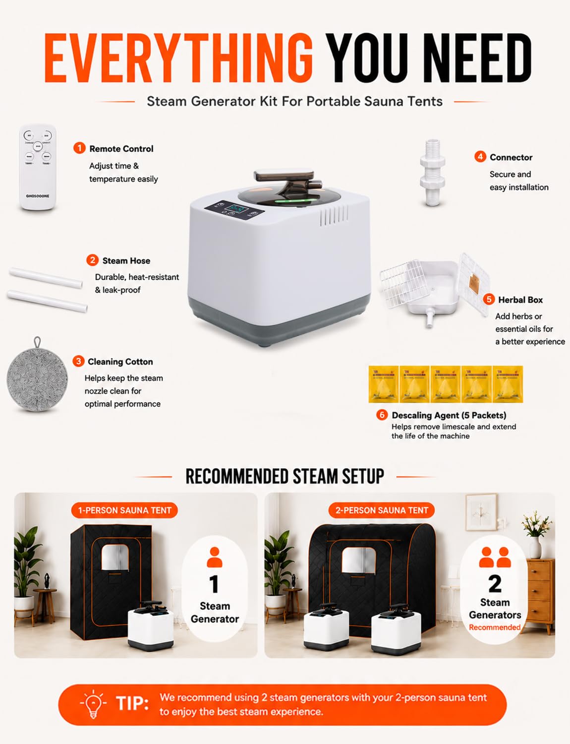 GHOSOONE Portable Home Sauna Steam Machine with Remote Control - 1200W 3L Upgrated Fast-Heating System, 9-Level Adjustable Steam & 120-Min Timer, for Home Spa Sauna Accessories
