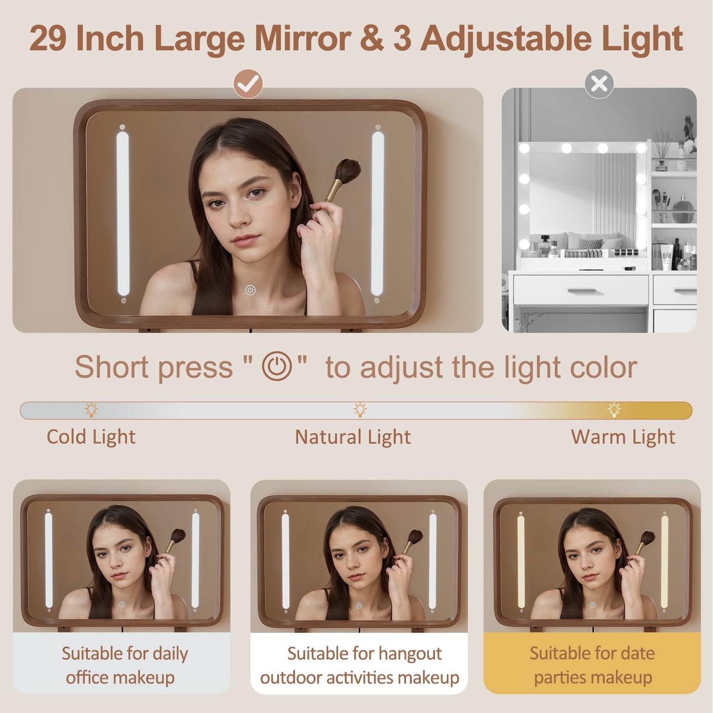 DONGMUWUJEE Solid Wood Vanity with Mirror and Lights, Adjustable Brightness, Wood Makeup Vanity with 3 Drawers, Semi-Assembled, Vanity Desk for Bedroom (Walnut)