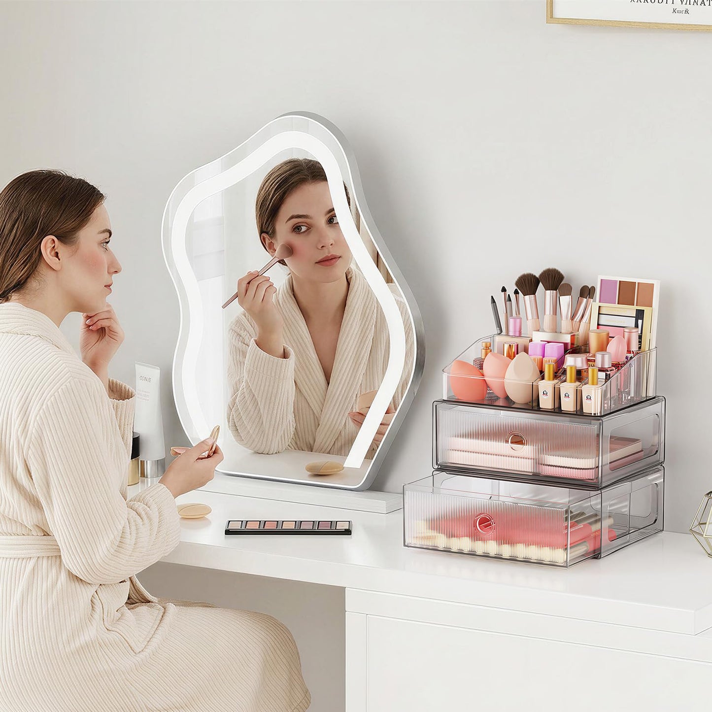 HOMETUK 2 Tier Clear Makeup Organizer with Drawer, PET Cosmetic Storage for Dresser, Countertop & Bathroom Vanity, Holders for Lipstick, Brushes, Skincare & Beauty Supplies