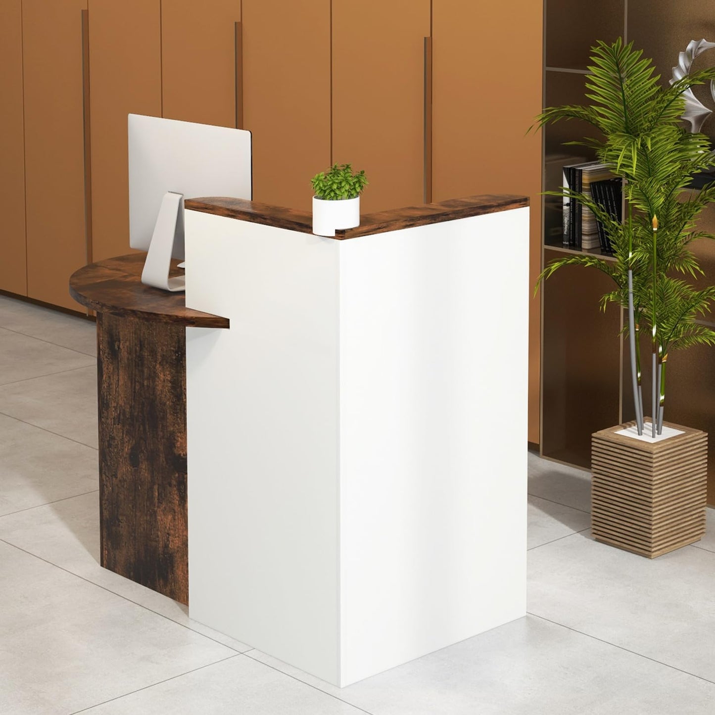 CHEFJOY Reception Desk, Retail Checkout Counter w/Lockable Drawer & Open Shelves, Computer Workstation, Small Front Desk Reception Counter for Company Lobby Store Salon Office (Rustic Brown & White)