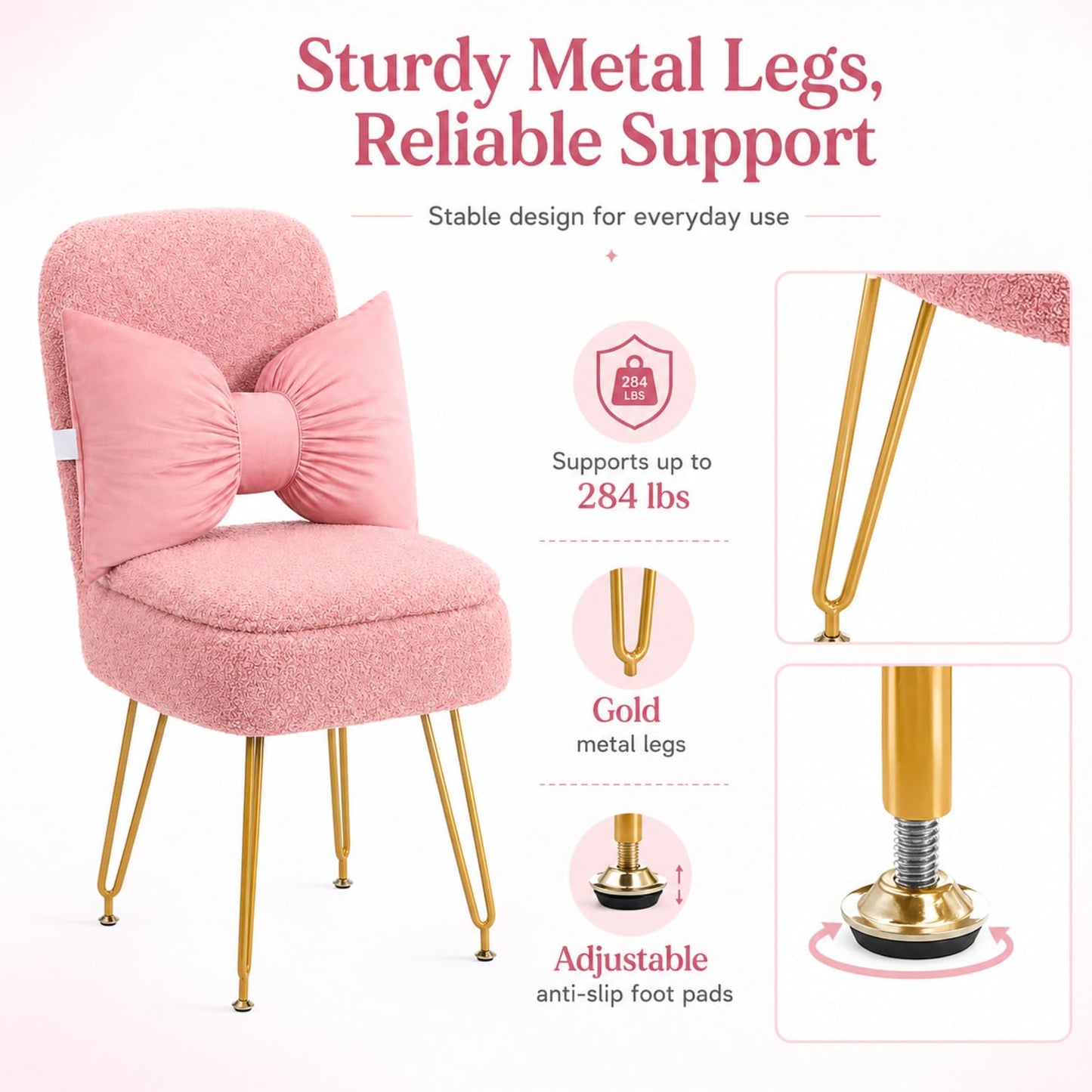 Novabright Small Vanity Stool Chair with Storage and Back Faux Fur Soft Ottoman Pink Bow Makeup Vanity Chair 13" x 14" x 30" Cute Small 4 Metal Leg for Makeup Bedroom Living Room Dressing Room
