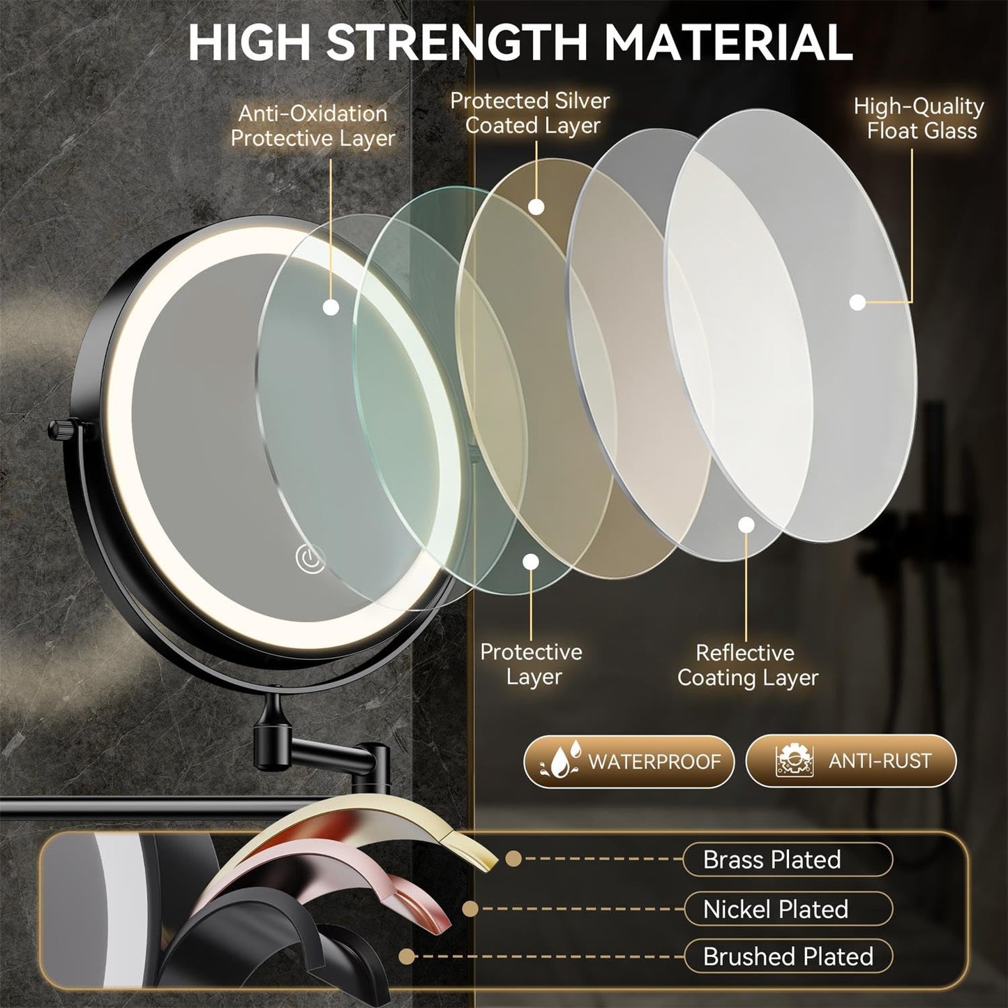 Auxmir 8'' Wall Mounted Lighted Makeup Mirror, 3200mAh Rechargeable Double-Sided 1X/20X Magnifying Mirror with Light, Touch Dimmable 3 Color Light, 360ยฐ Rotation Foldable Extended Arm, Black