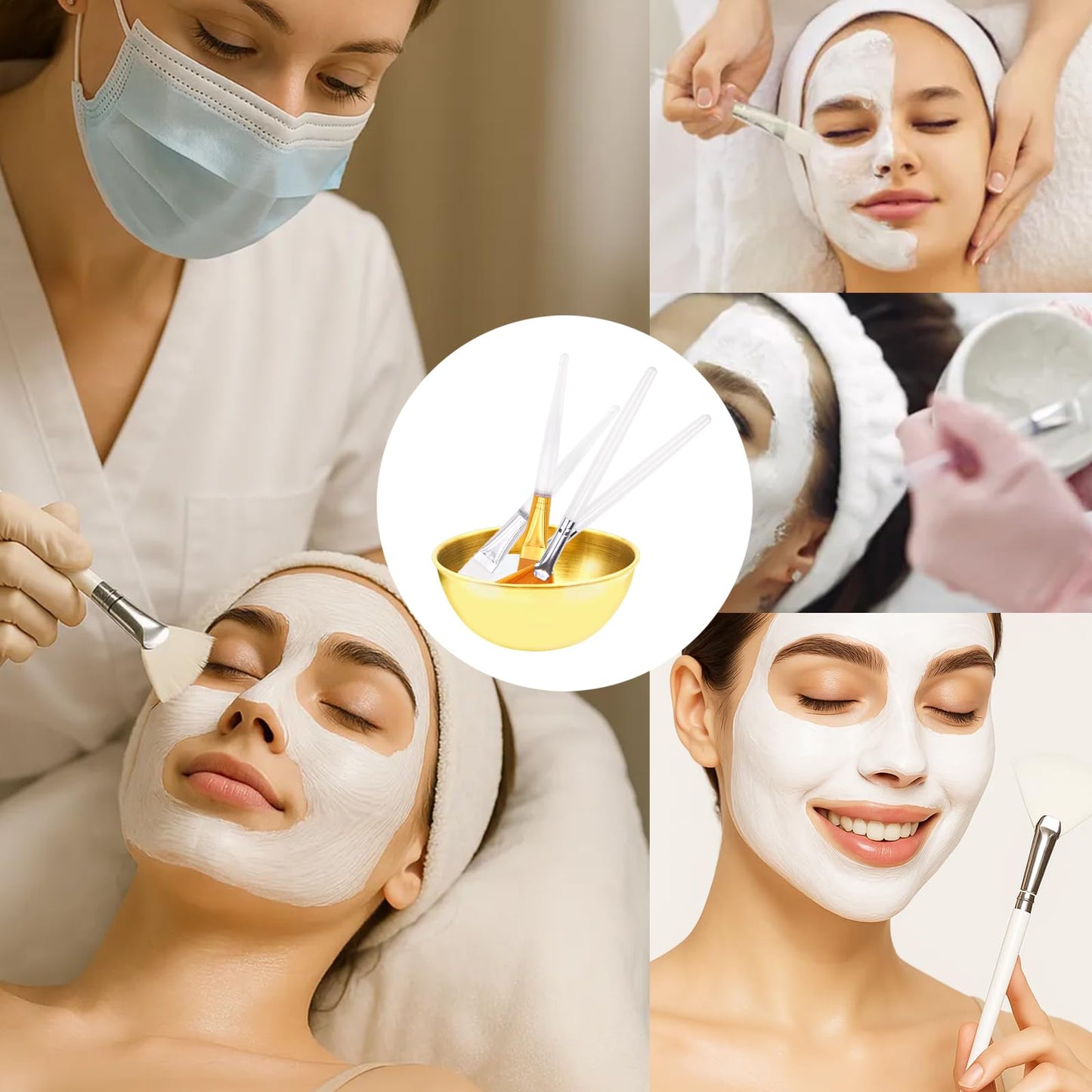 15 Pcs Esthetician Facial Supplies Set Stainless Steel Mixing Bowls Facial Headbands Cosmetic Fan Brushes Gold Small Serving Tray 3 Compartment Serving Tray for Mud Cream Makeup Peel Face Cleansing