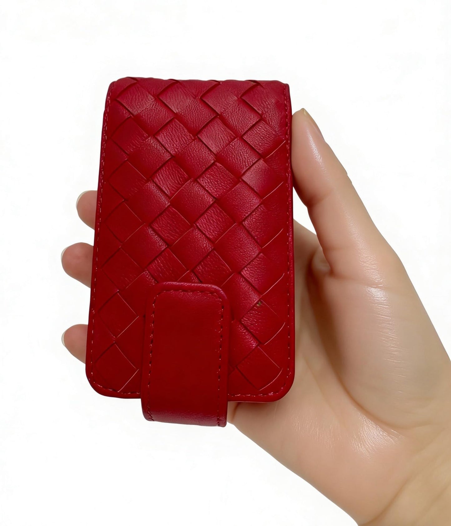 AgentMoon Luxury Handheld Lipstick Pouch with Mirror,Genuine Leather Lip Balm Case with Clamshell Magnetic Hidden Clasp and Hook for Chain.Portable Travel Cosmetic Case for Women Gift. (Red Woven)