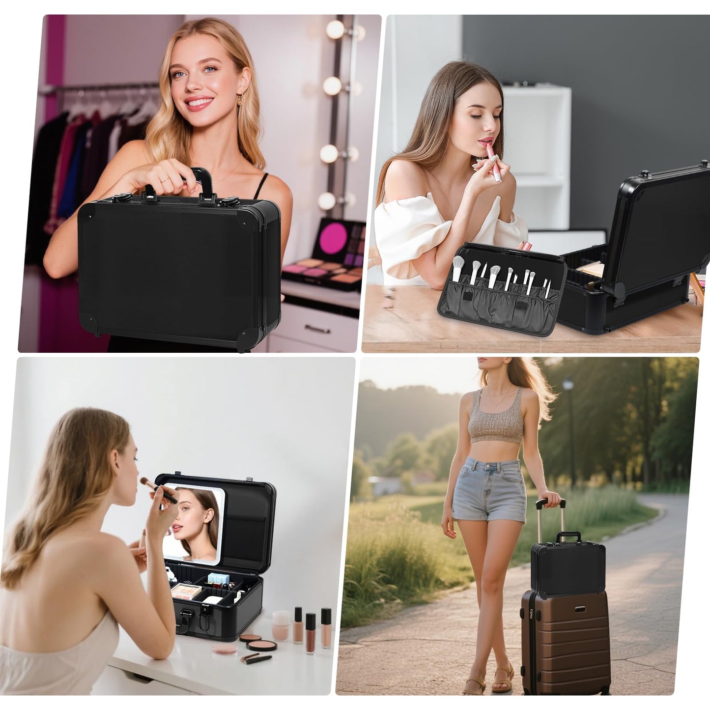 LivelyCove 15"x11" Makeup Case with Lighted Mirror & Brush Holder - Waterproof Travel Organizer, Customizable Storage, Rechargeable LED Vanity for Women (black)